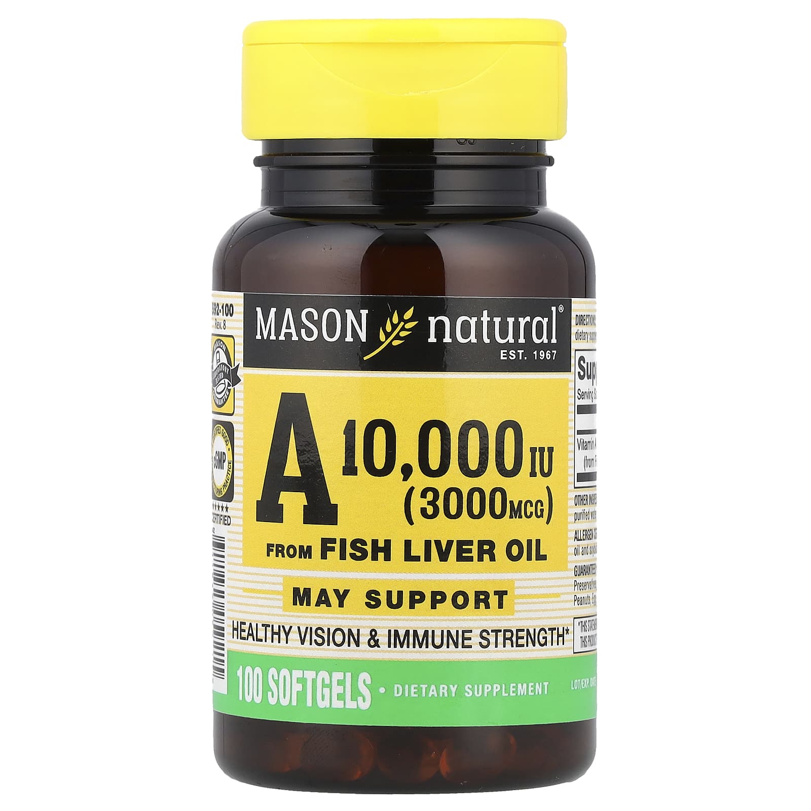 Mason Natural, Vitamin A from Fish Liver Oil, 3,000 mcg (10,000 IU), 100 Softgels - Image 1