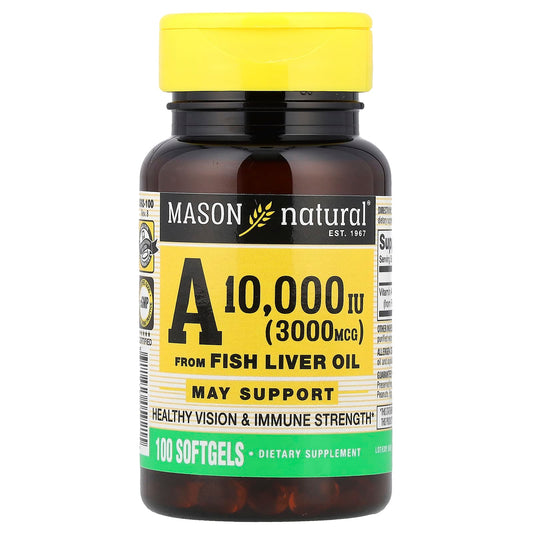 Mason Natural, Vitamin A from Fish Liver Oil, 3,000 mcg (10,000 IU), 100 Softgels - Image 1