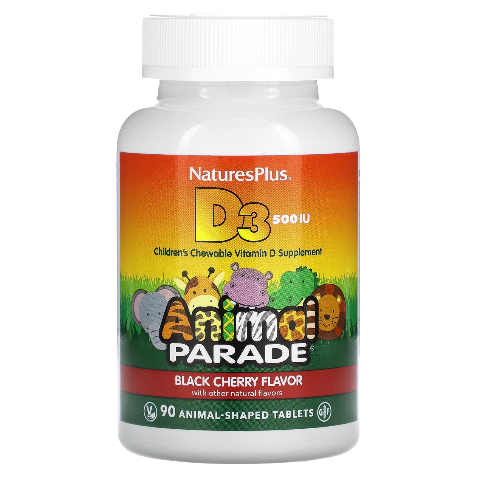 NaturesPlus, Animal Parade, Vitamin D3, Black Cherry, 12.5 mcg (500 IU), 90 Animal-Shaped Tablets - Image 1