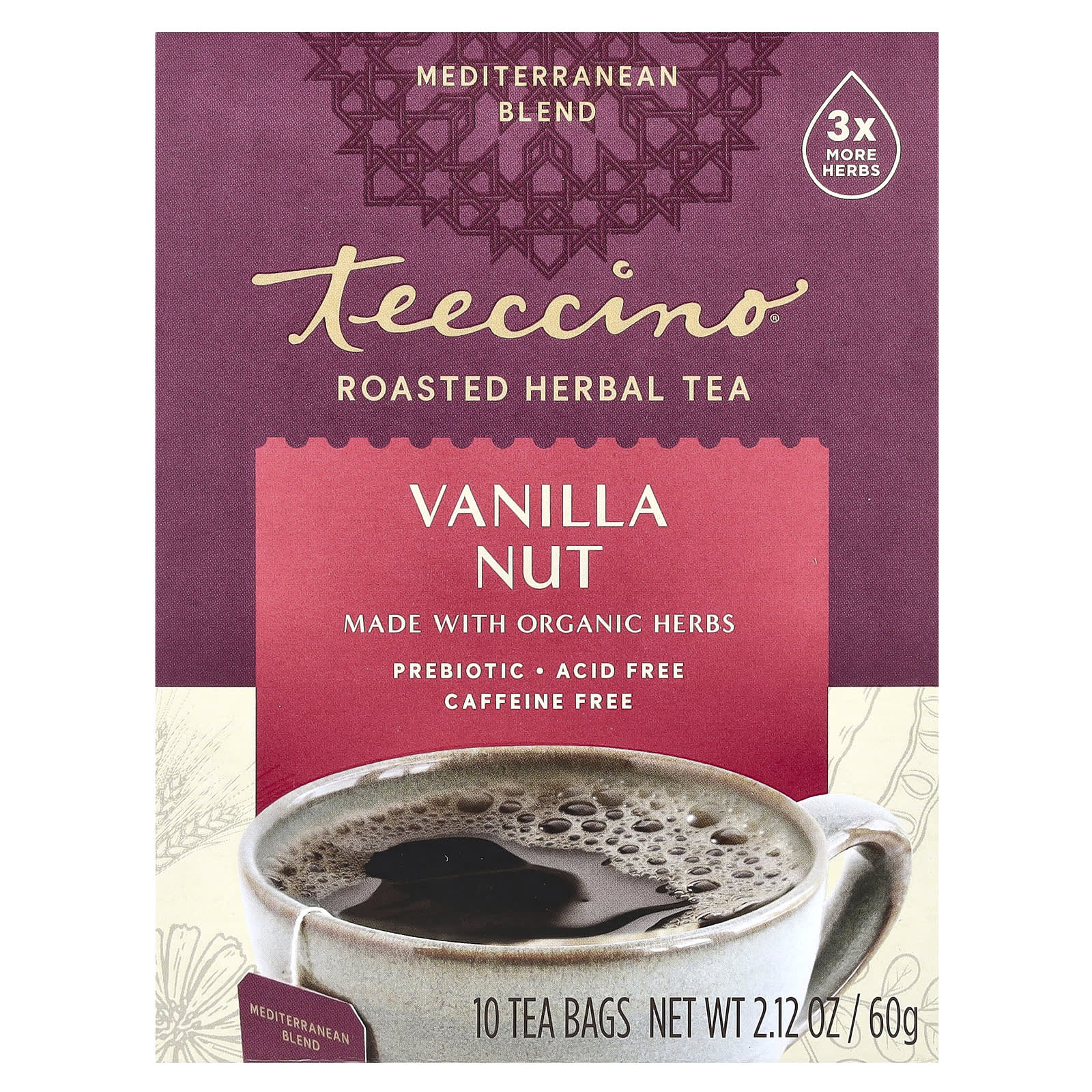 Teeccino, Roasted Herbal Tea, Vanilla Nut, Caffeine Free, 10 Tea Bags, 2.12 oz (60 g) - Image 1