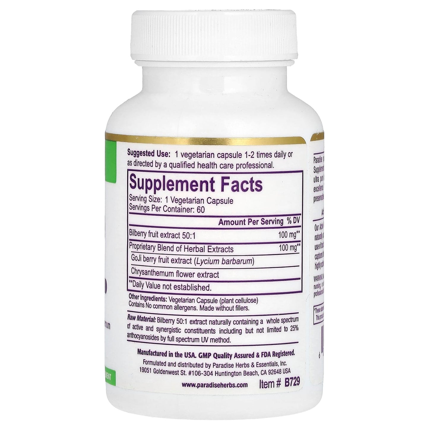 Paradise Herbs, Bilberry + Extract with Chrysanthemum & Goji, 60 Vegetarian Capsules - Image 2