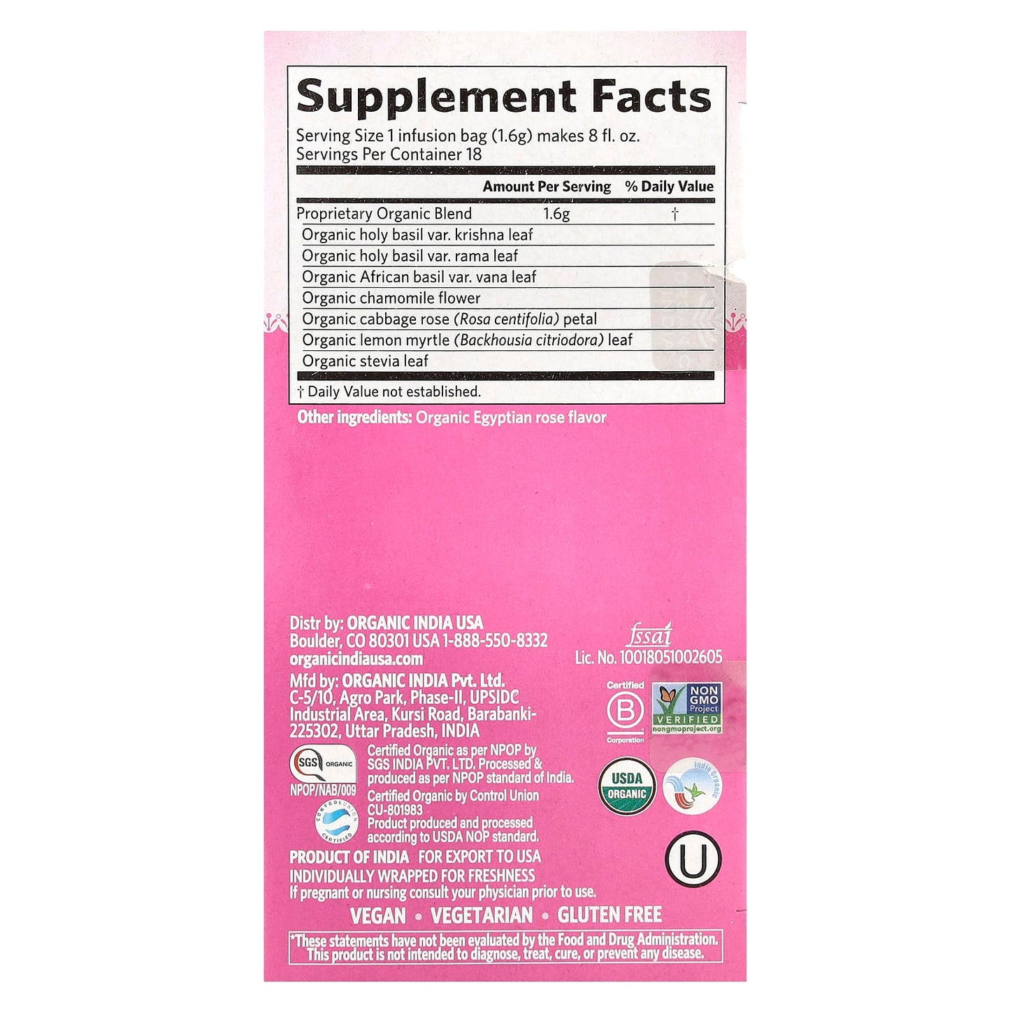 Organic India, Tulsi Tea, Sweet Rose, Caffeine Free, 18 Infusion Bags, 1.01 oz (28.8 g) - Image 2