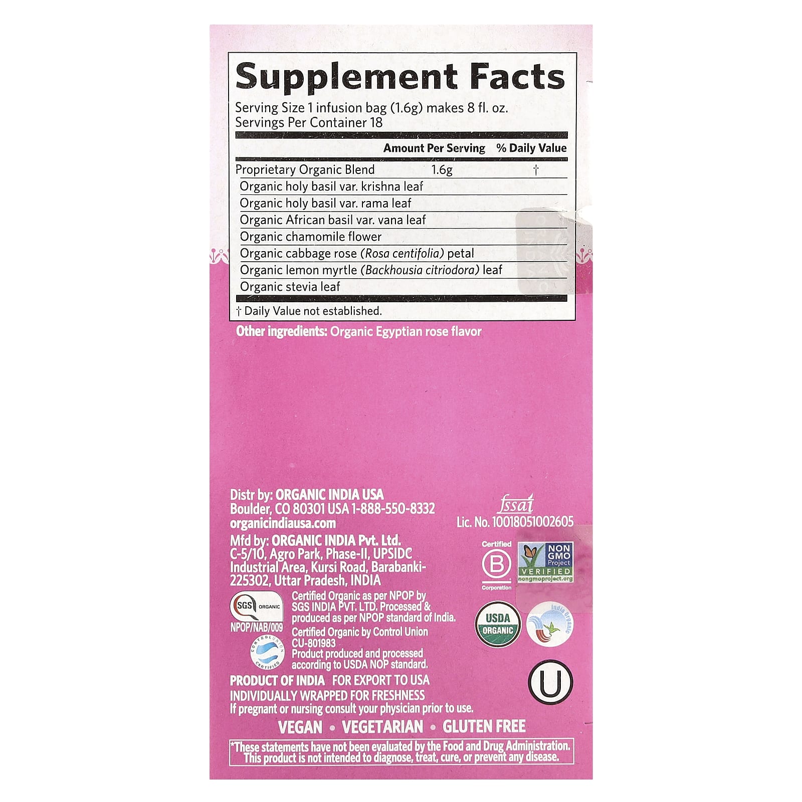 Organic India, Tulsi Tea, Sweet Rose, Caffeine Free, 18 Infusion Bags, 1.01 oz (28.8 g) - Image 2