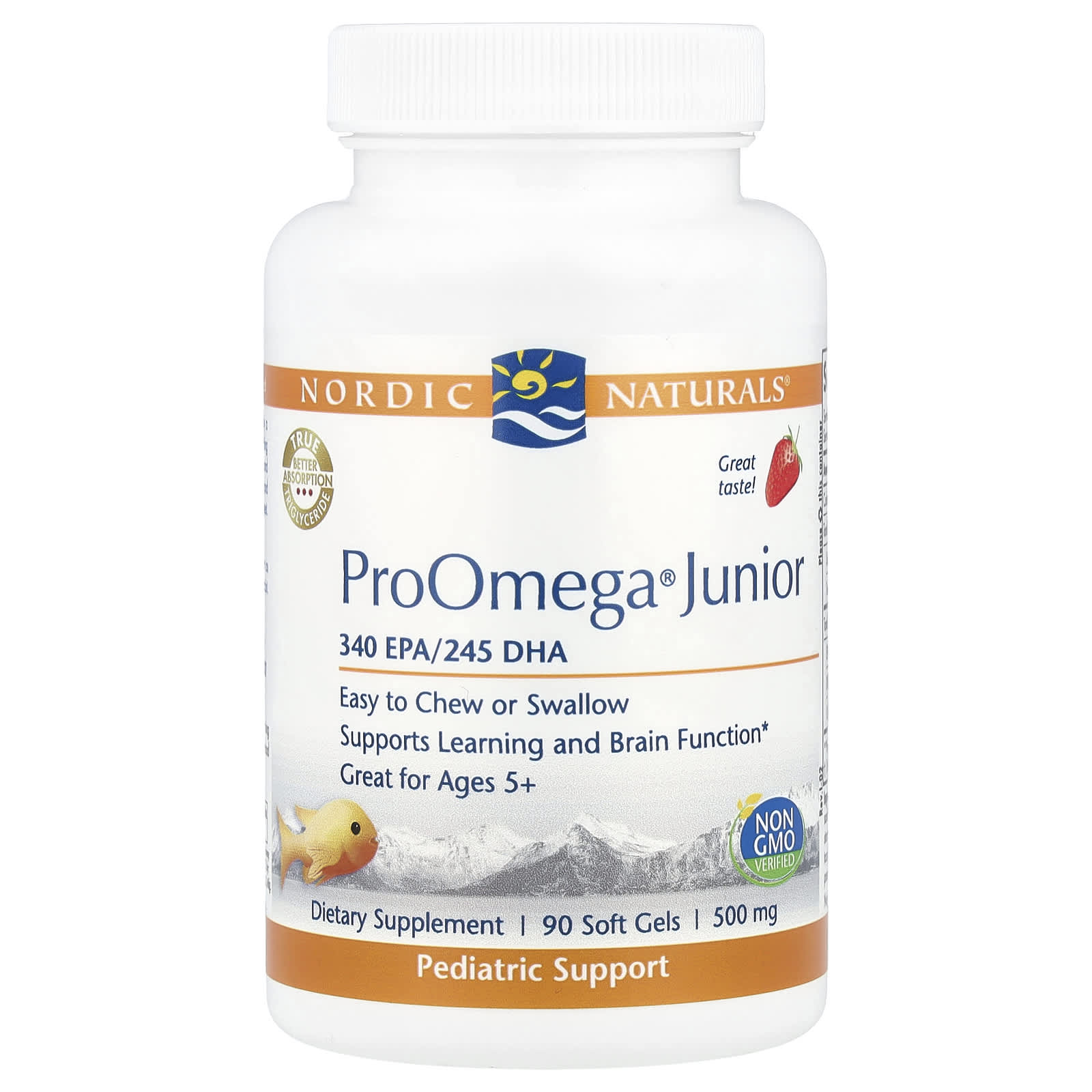 Nordic Naturals, ProOmega® Junior, Ages 5+, Strawberry, 90 Soft Gels (340 mg per Softgel) - Image 1
