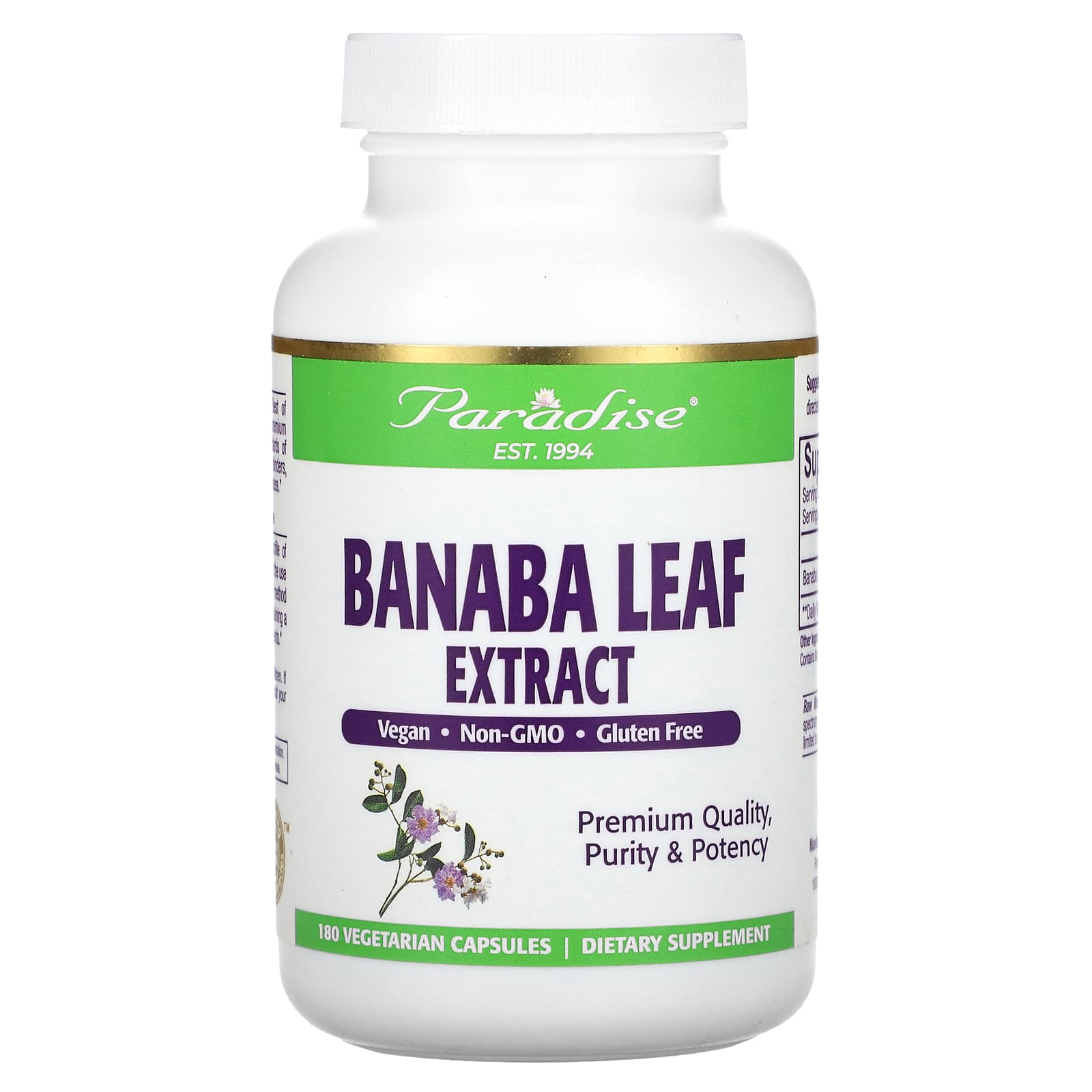 Paradise Herbs, Banaba Leaf Extract, 180 Vegetarian Capsules (250 mg per Capsule) - Image 1