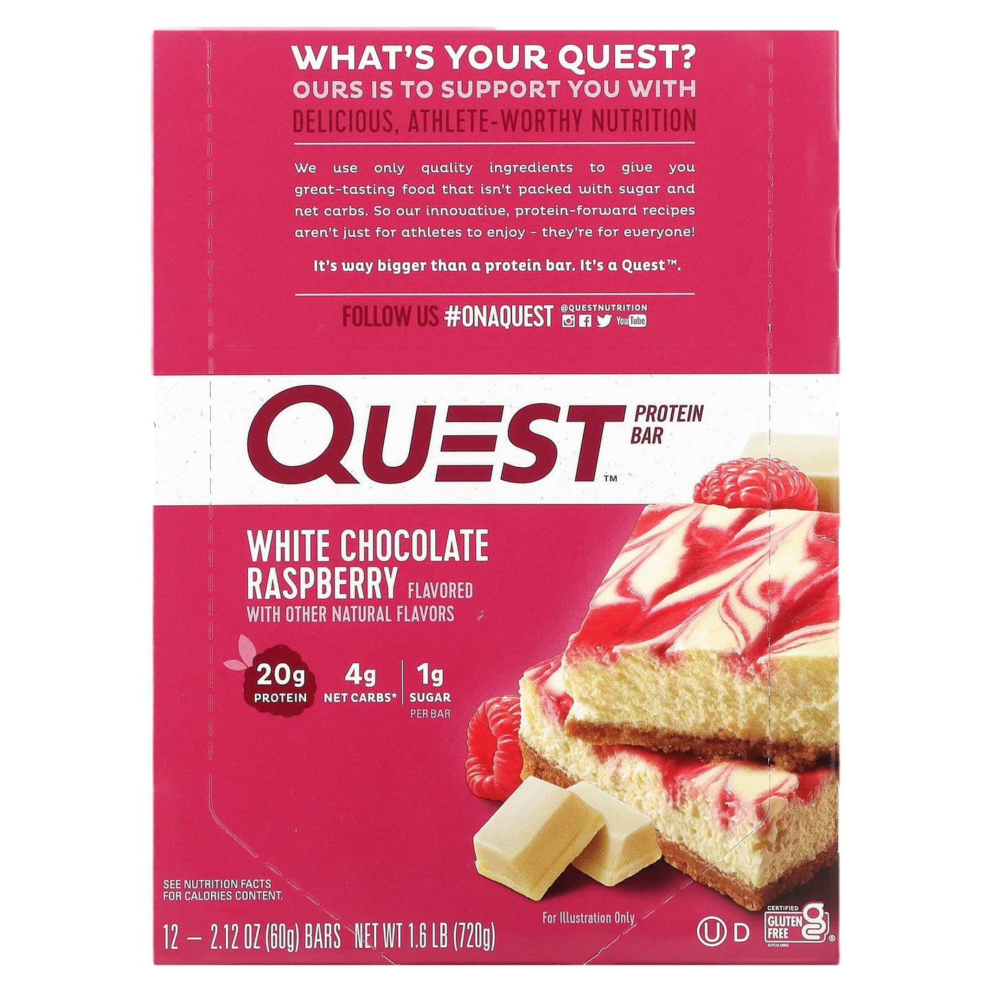 Quest Nutrition, Protein Bar, White Chocolate Raspberry, 12 Bars, 2.12 oz (60 g) Each - Image 1