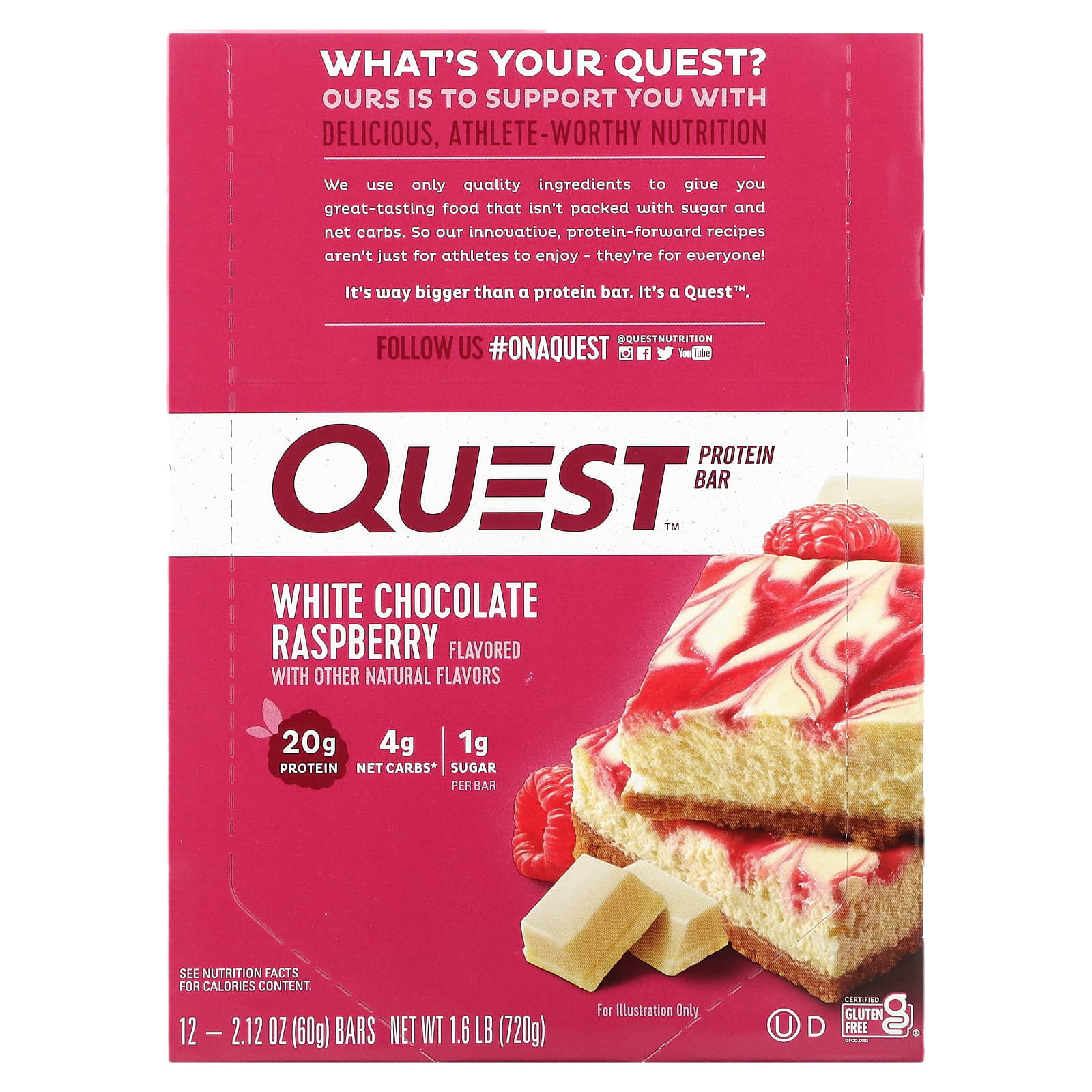 Quest Nutrition, Protein Bar, White Chocolate Raspberry, 12 Bars, 2.12 oz (60 g) Each - Image 1