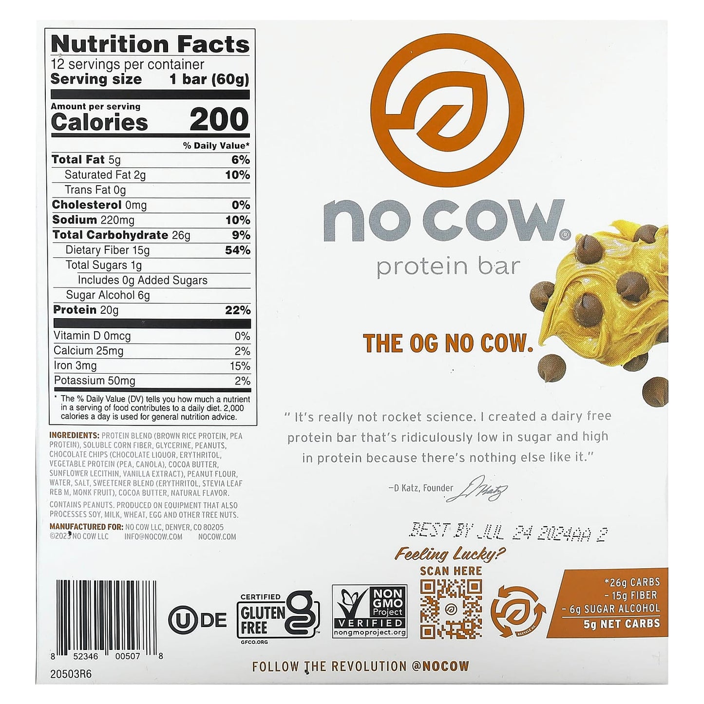 No Cow, Protein Bar, Peanut Butter Chocolate Chip, 12 Bars, 2.12 oz (60 g) Each - Image 2