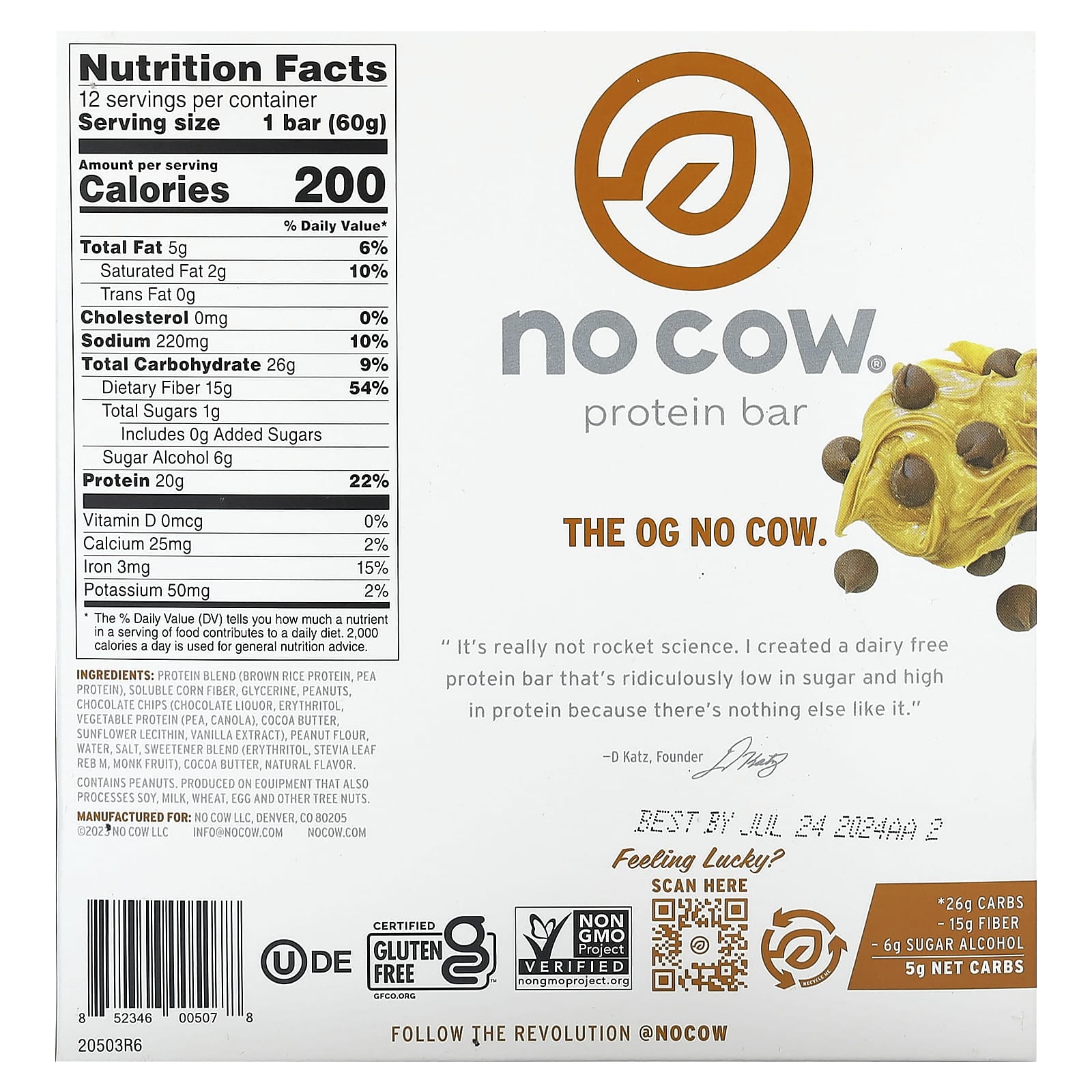 No Cow, Protein Bar, Peanut Butter Chocolate Chip, 12 Bars, 2.12 oz (60 g) Each - Image 2