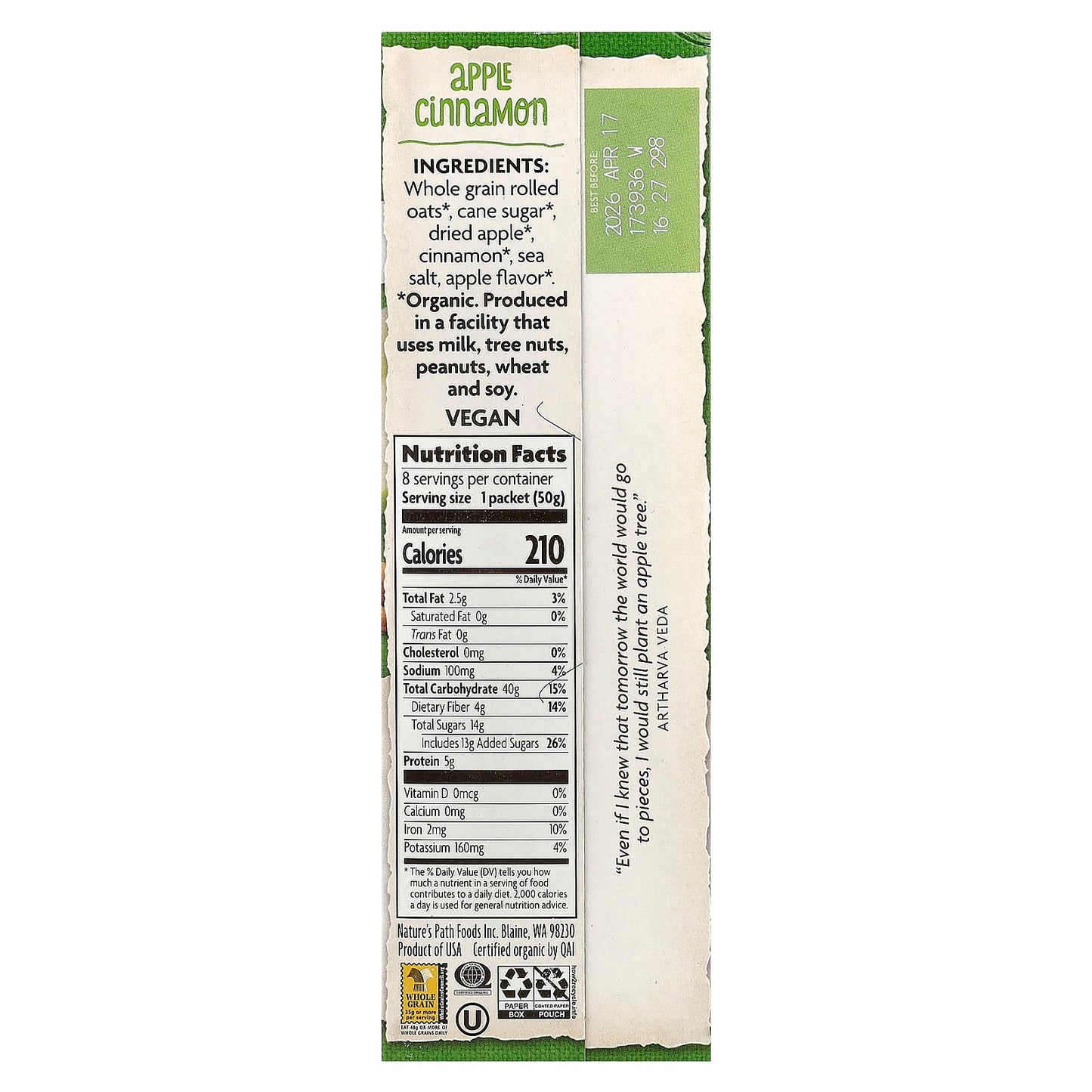 Nature's Path, Organic Instant Oatmeal, Apple Cinnamon, 8 Packets, 14 oz (400 g) - Image 2