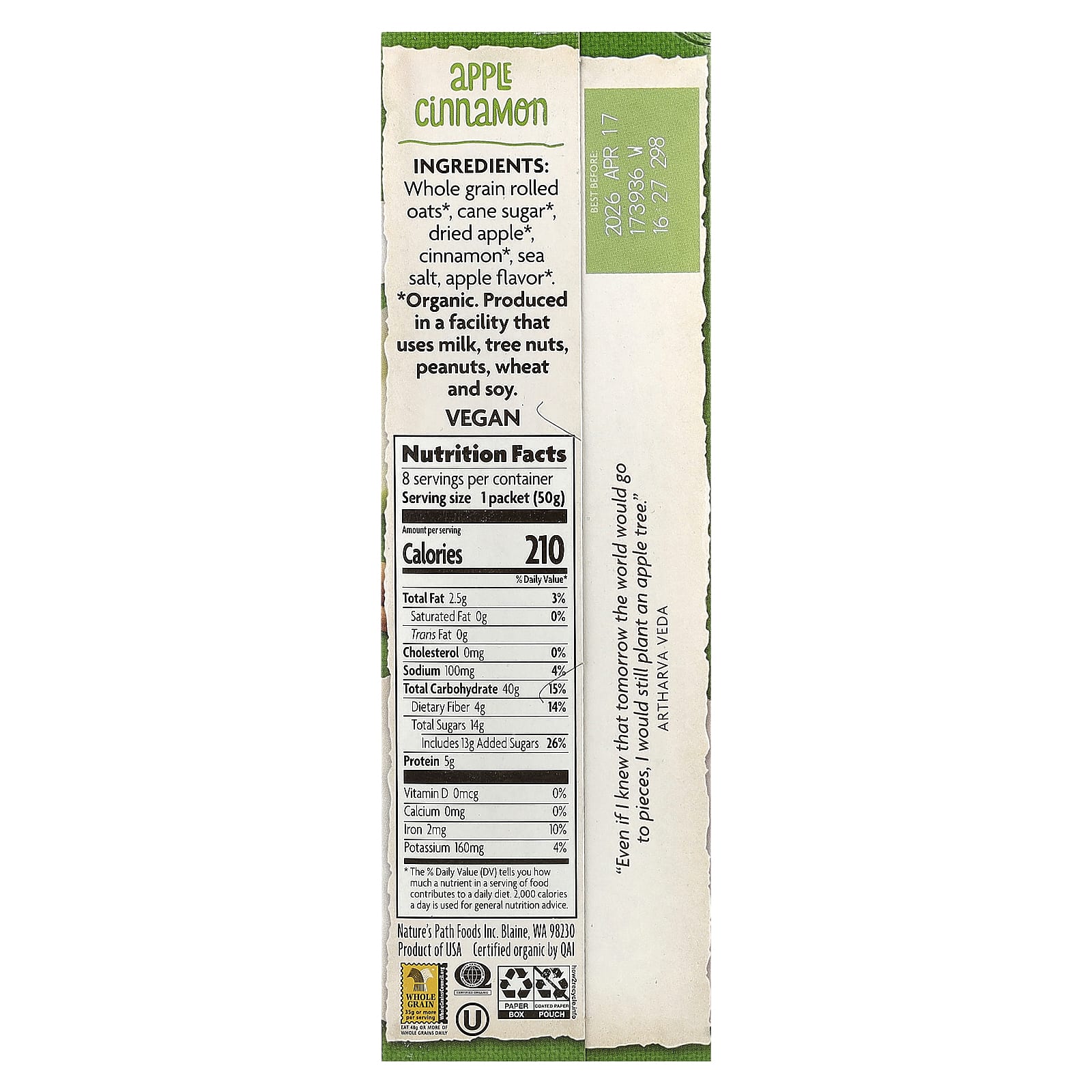 Nature's Path, Organic Instant Oatmeal, Apple Cinnamon, 8 Packets, 14 oz (400 g) - Image 2