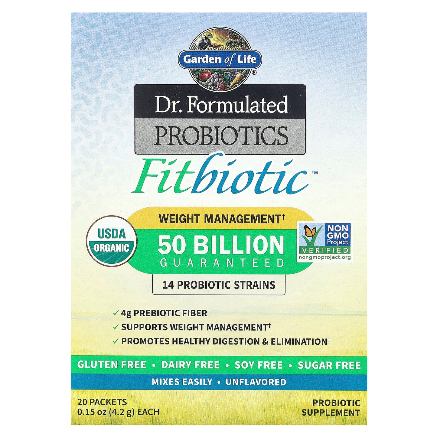 Garden of Life Fitbiotic Probiotic Supplement for Weight Loss and Digestive Health, 50 Billion CFU, USDA Organic, 20 Packets - Image 1