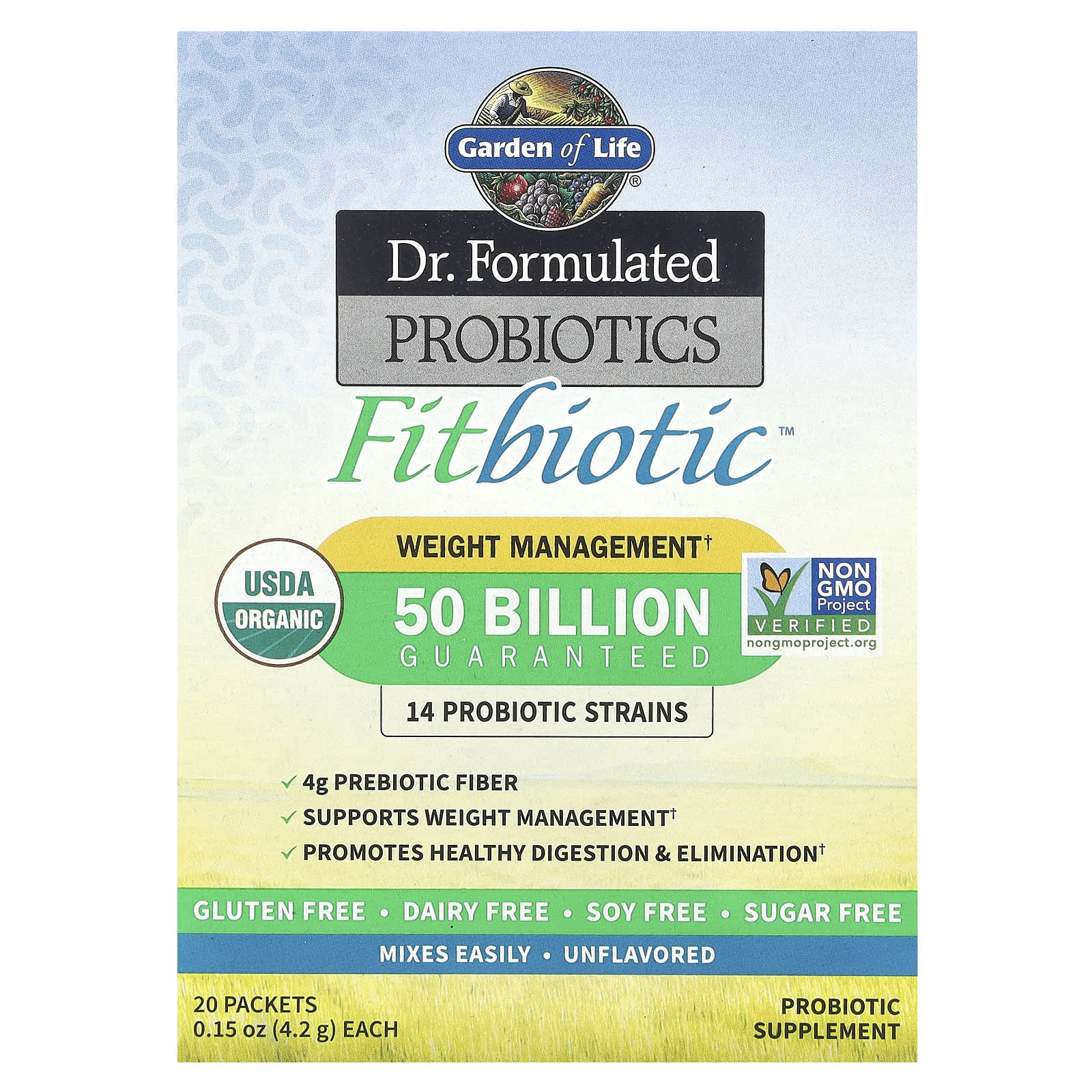 Garden of Life Fitbiotic Probiotic Supplement for Weight Loss and Digestive Health, 50 Billion CFU, USDA Organic, 20 Packets - Image 1