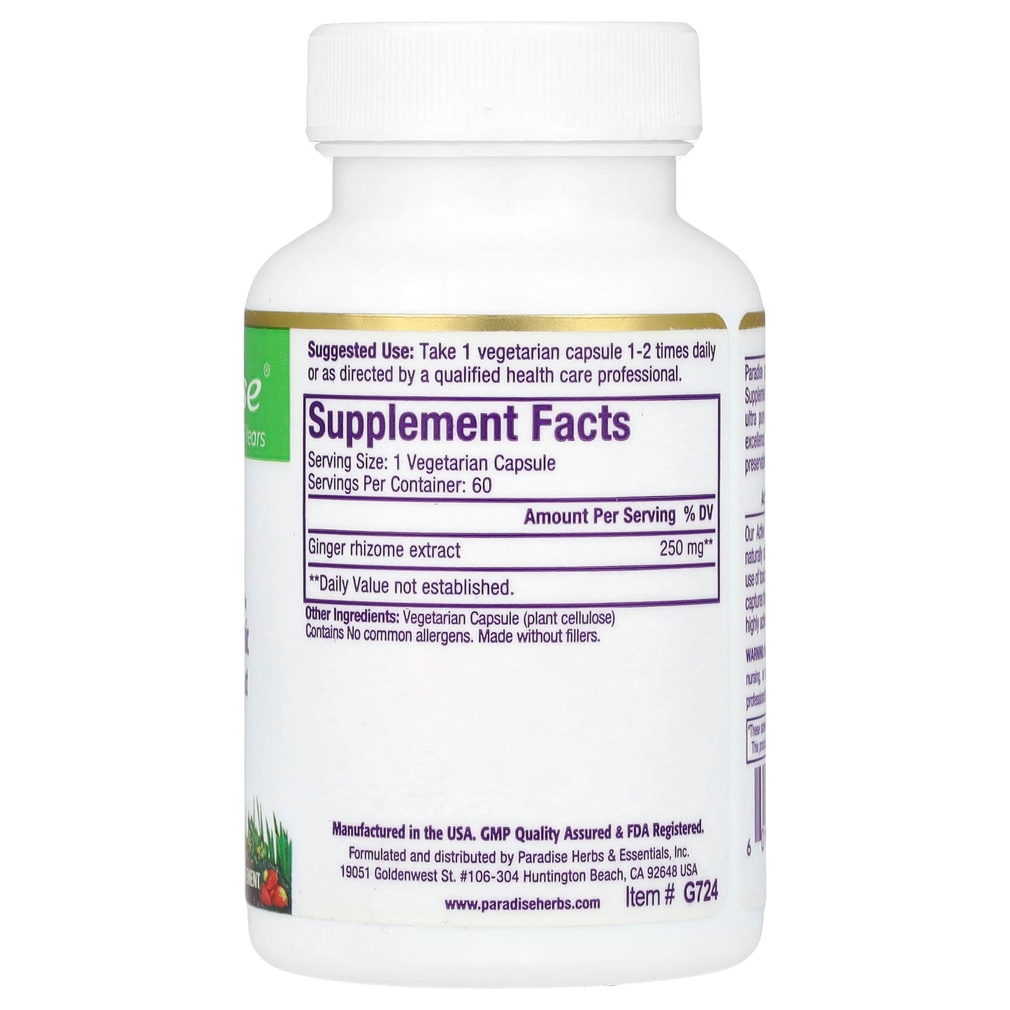 Paradise Herbs, Ginger, 60 Vegetarian Capsules (250 mg per Capsule) - Image 2