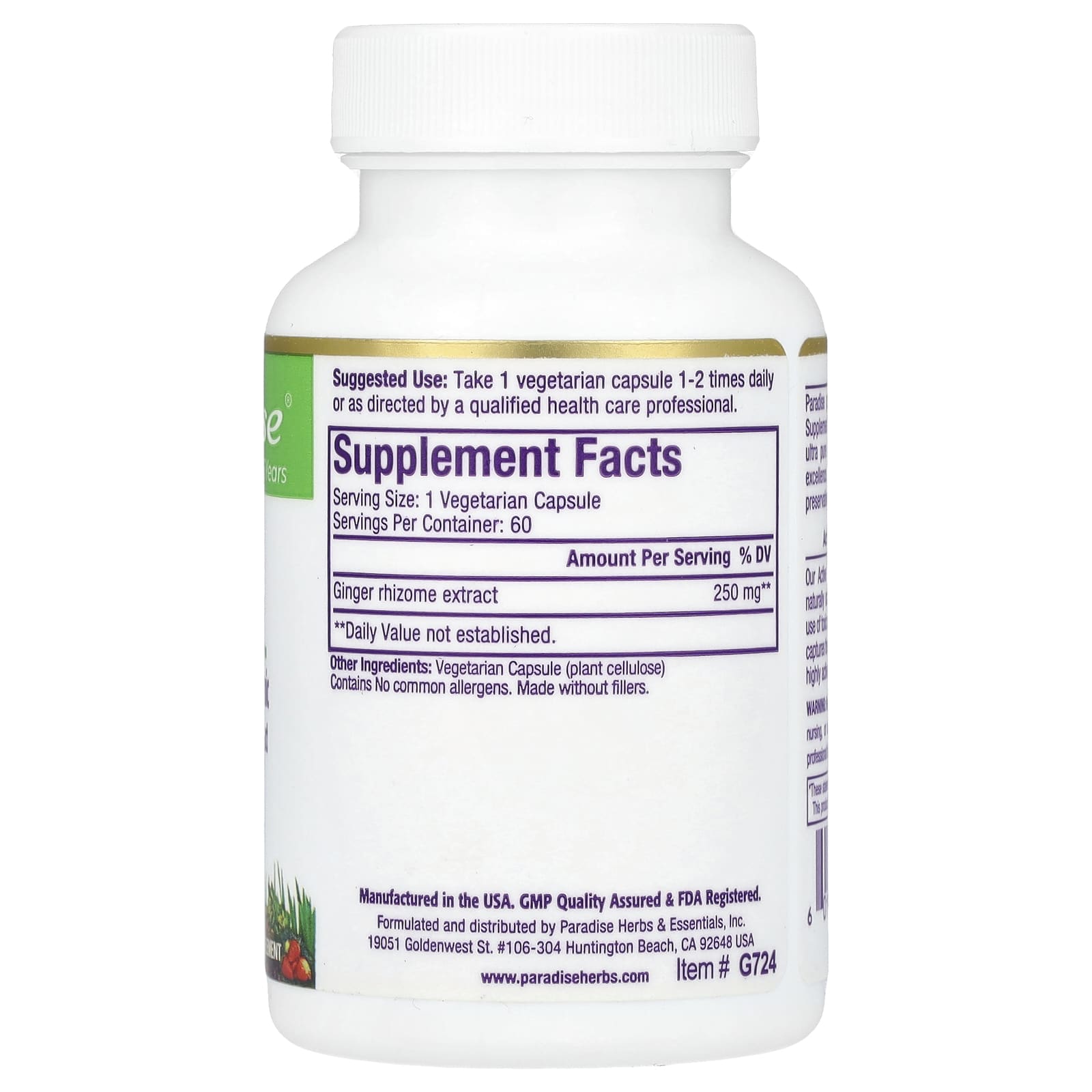 Paradise Herbs, Ginger, 60 Vegetarian Capsules (250 mg per Capsule) - Image 2