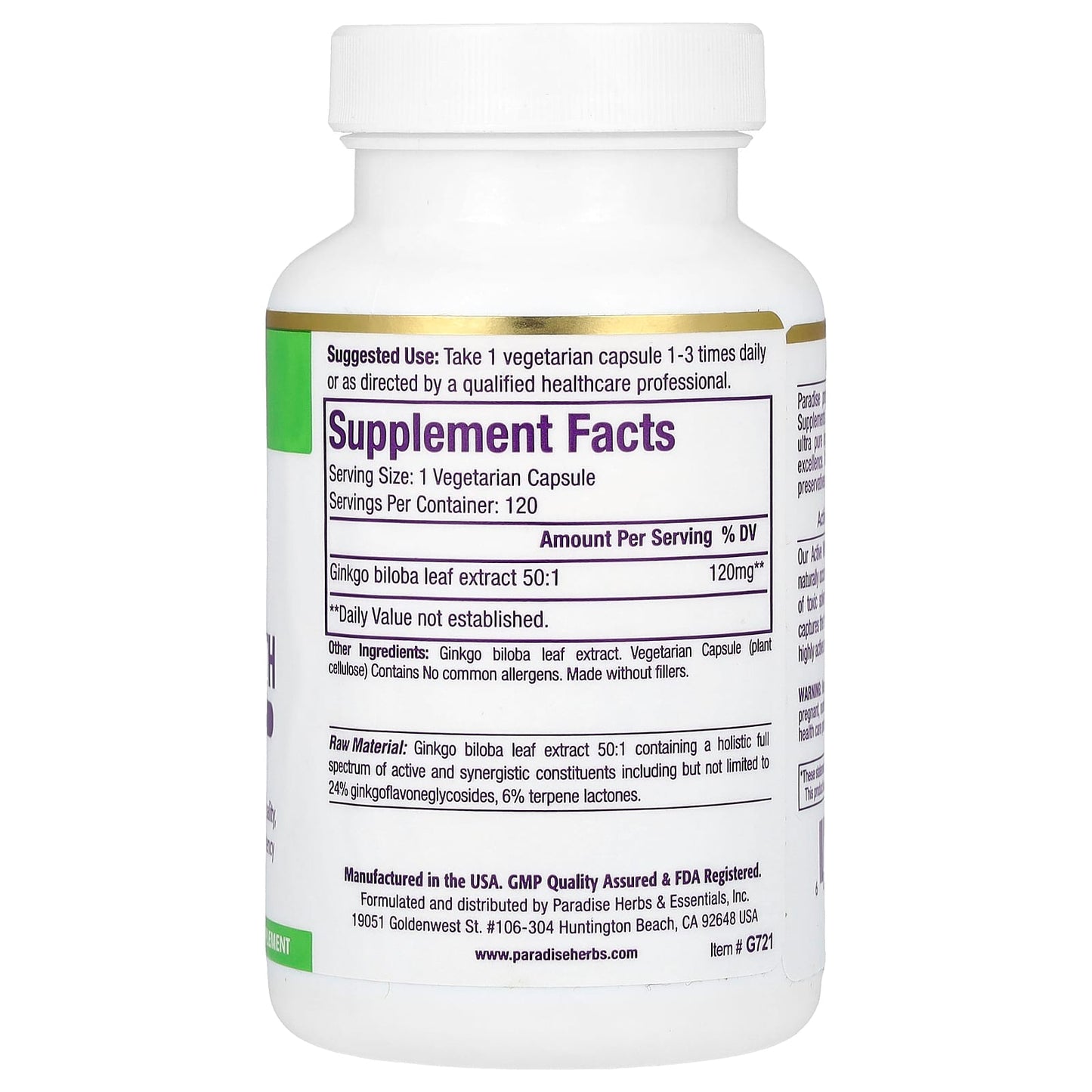 Paradise Herbs, Ginkgo, Extra Strength, 120 mg, 120 Vegetarian Capsules - Image 2