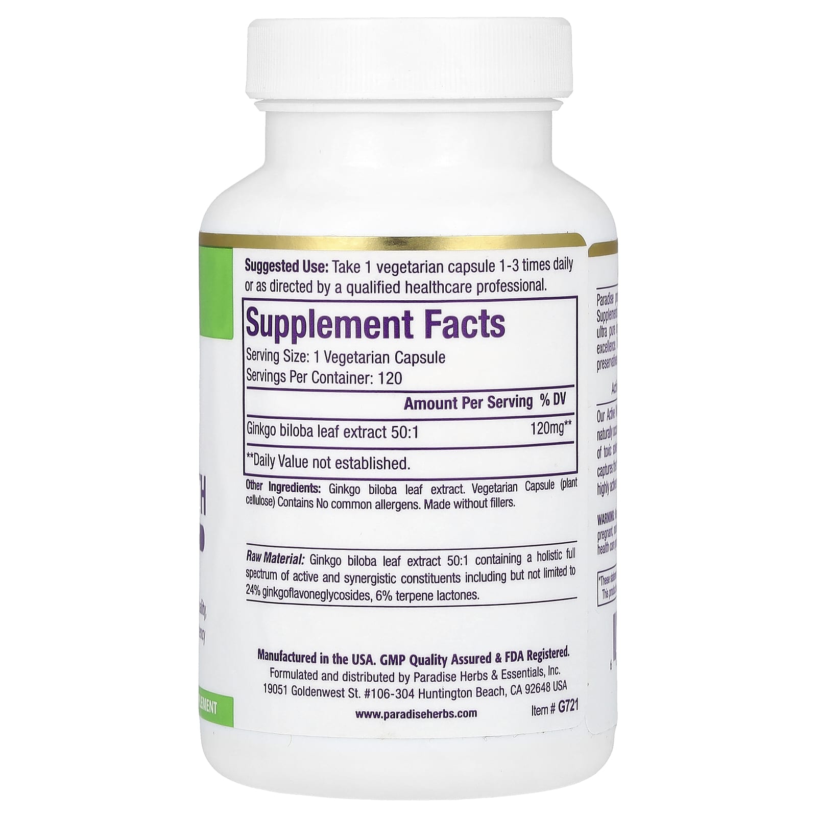 Paradise Herbs, Ginkgo, Extra Strength, 120 mg, 120 Vegetarian Capsules - Image 2