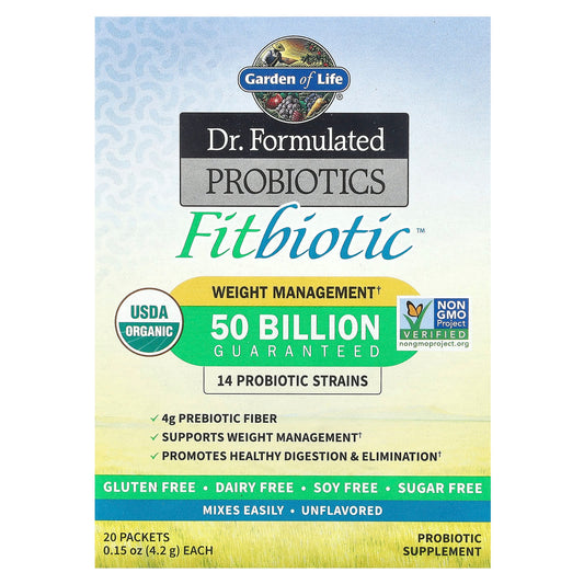 Garden of Life Fitbiotic Probiotic Supplement for Weight Loss and Digestive Health, 50 Billion CFU, USDA Organic, 20 Packets - Image 1