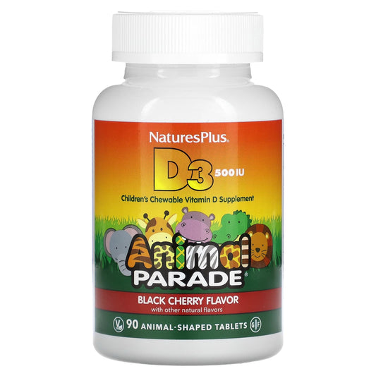 NaturesPlus, Animal Parade, Vitamin D3, Black Cherry, 12.5 mcg (500 IU), 90 Animal-Shaped Tablets - Image 1