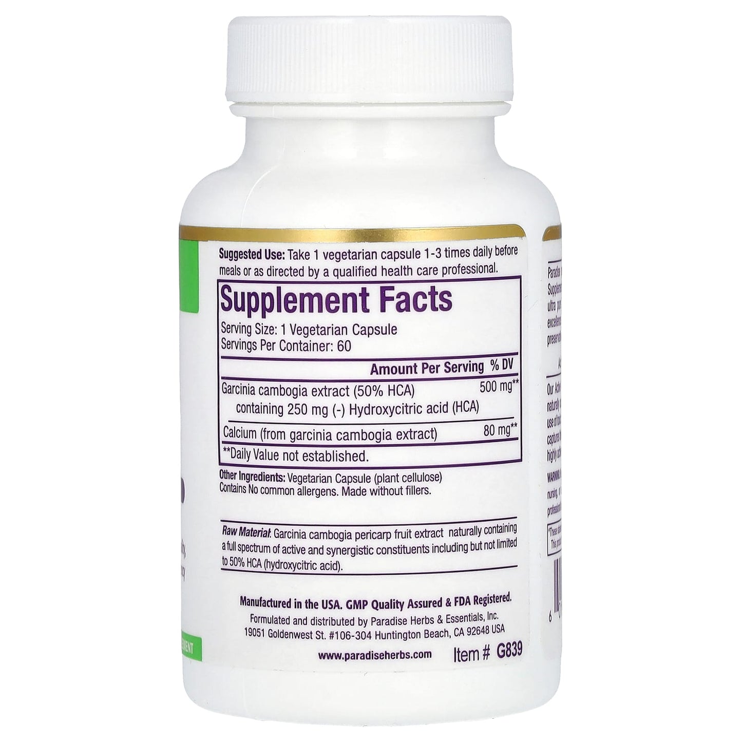 Paradise Herbs, Garcinia Extract, 500 mg, 60 Vegetarian Capsules - Image 2