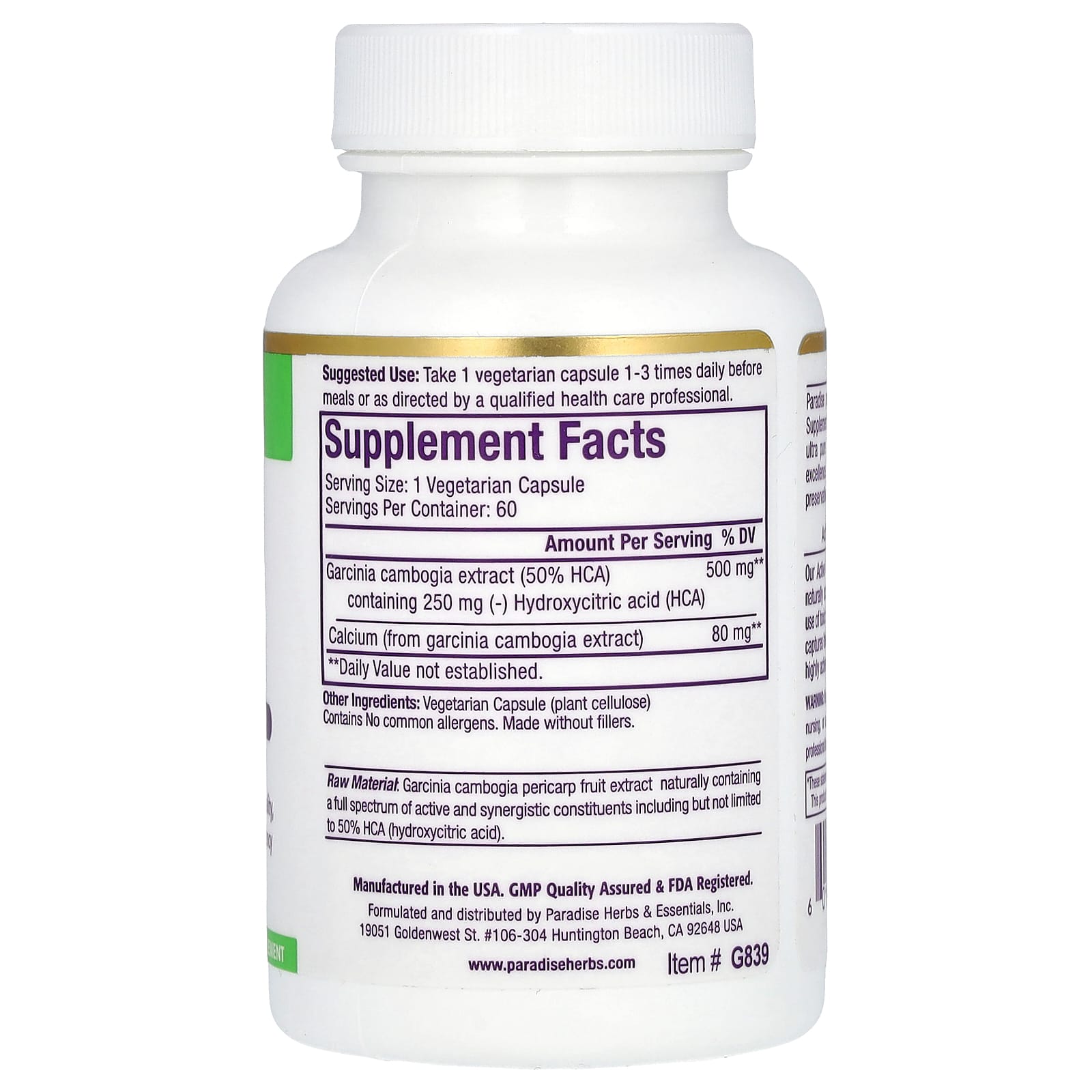 Paradise Herbs, Garcinia Extract, 500 mg, 60 Vegetarian Capsules - Image 2