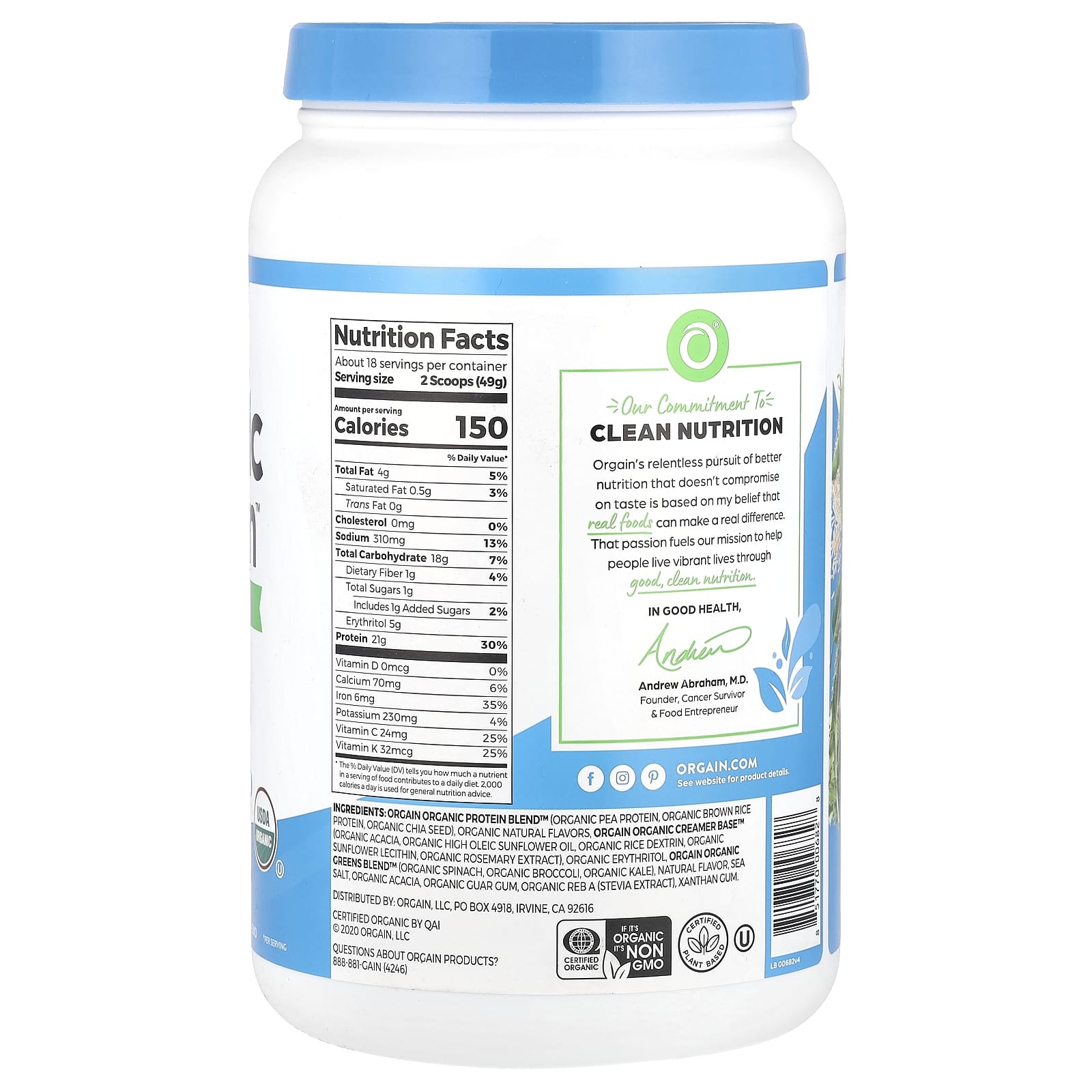 Orgain, Organic Protein™ + Greens Protein Powder, Plant-Based, Vanilla Bean, 1.94 lb (882 g) - Image 2
