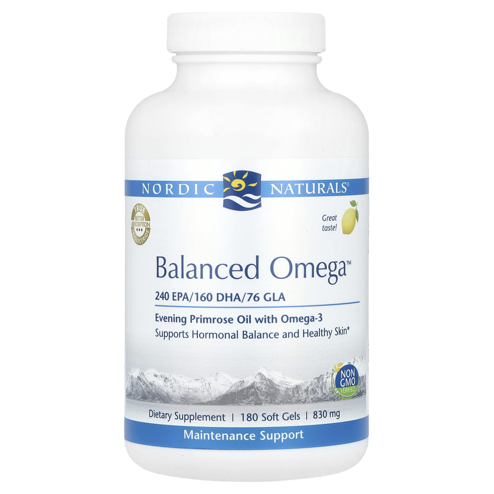 Nordic Naturals, Balanced Omega™, Lemon, 830 mg, 180 Softgels (415 mg per Softgel) - Image 1
