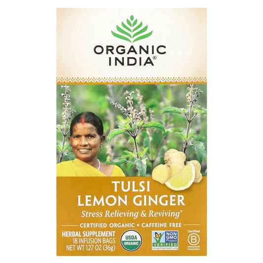 Organic India, Tulsi Tea, Lemon Ginger, Caffeine-Free, 18 Infusion Bags, 1.27 oz (36 g) - Image 1