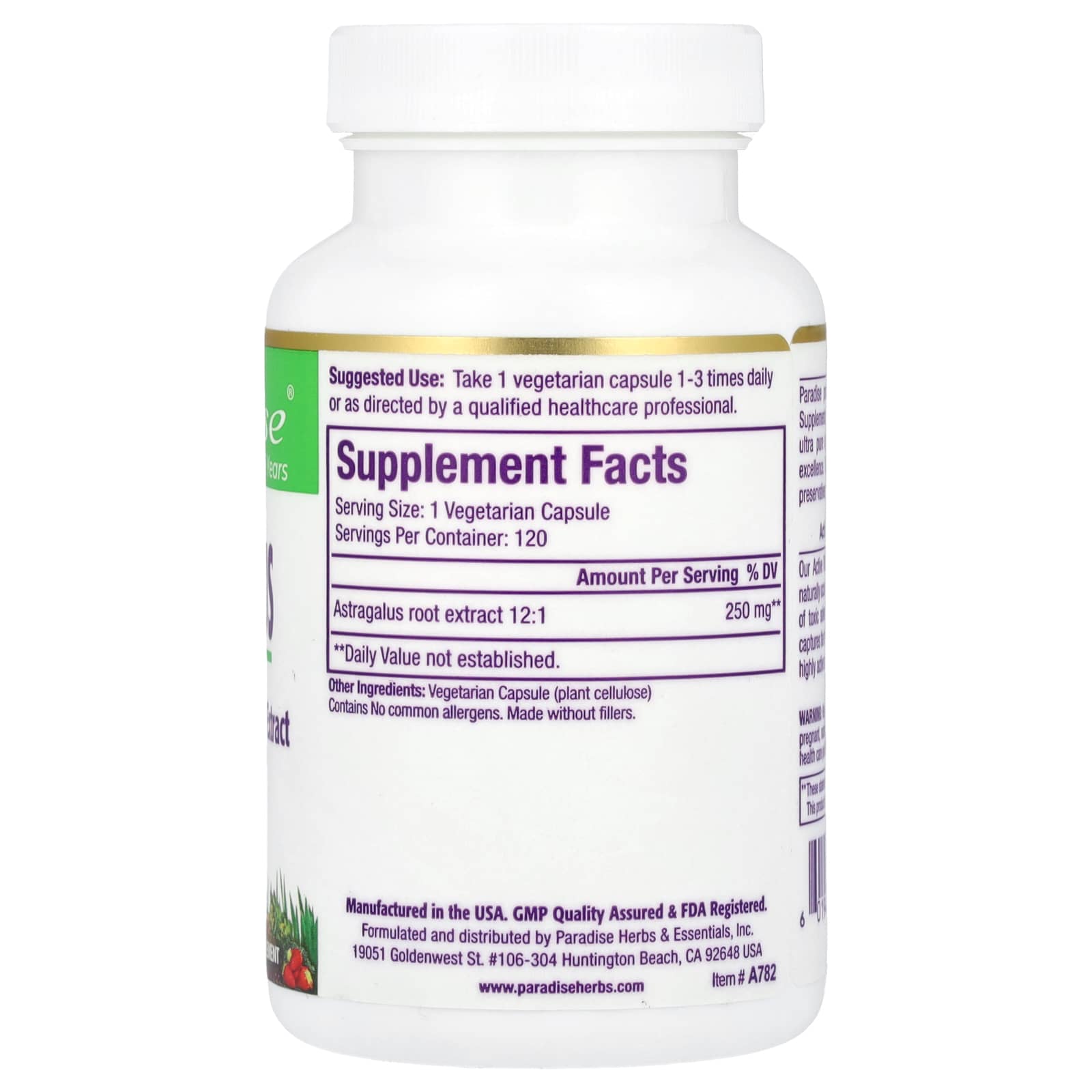 Paradise Herbs, Astragalus, 120 Vegetarian Capsules (250 mg per Capsule) - Image 2