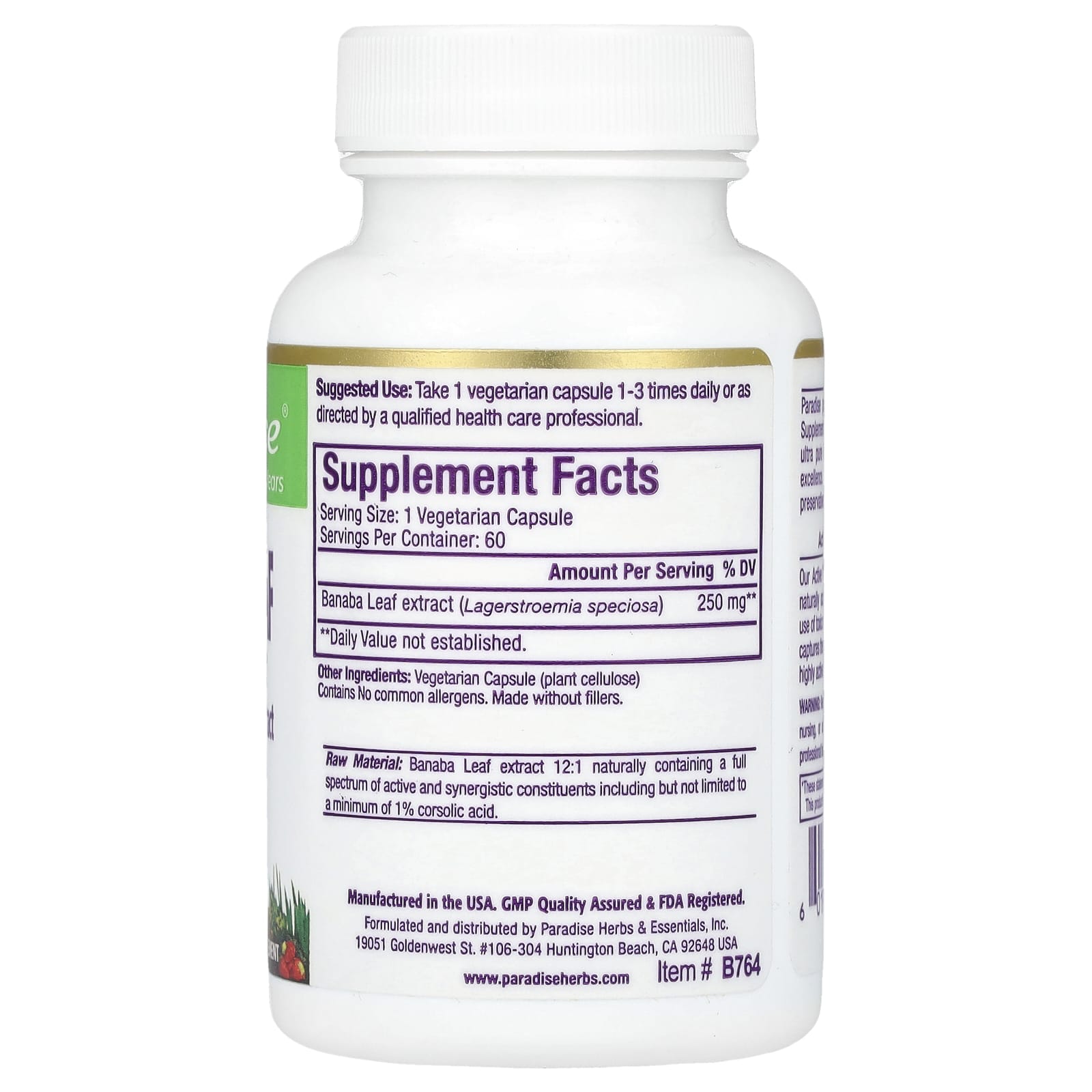 Paradise Herbs, Banaba Leaf, 60 Vegetarian Capsules (250 mg per Capsule) - Image 2