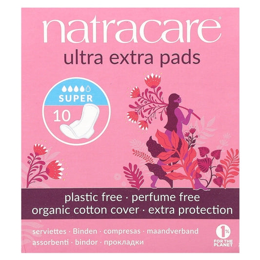 Natracare, Ultra Extra Pads, Organic Cotton Cover, Super, 10 Pads - Image 1