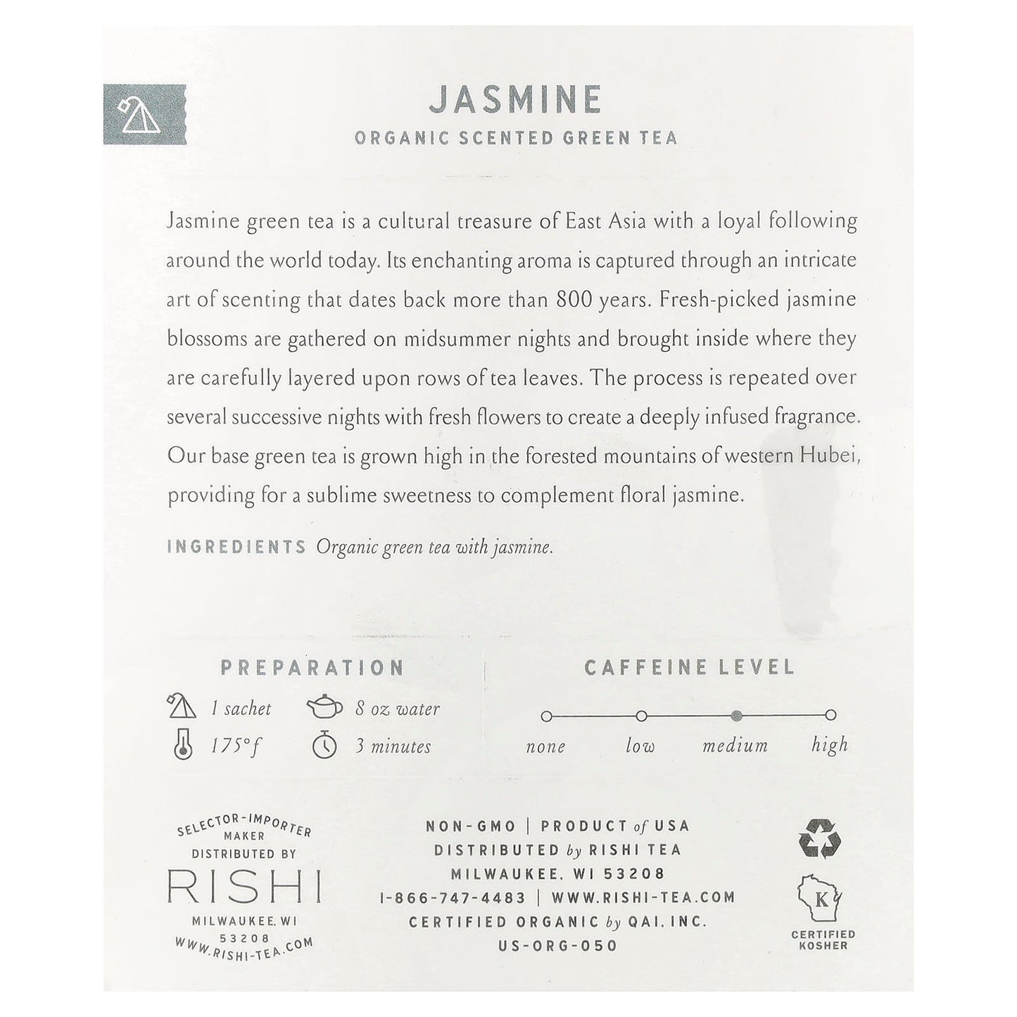 Rishi Tea, Organic Scented Green Tea, Jasmine, 15 Sachets, 1.26 oz (36 g) - Image 2
