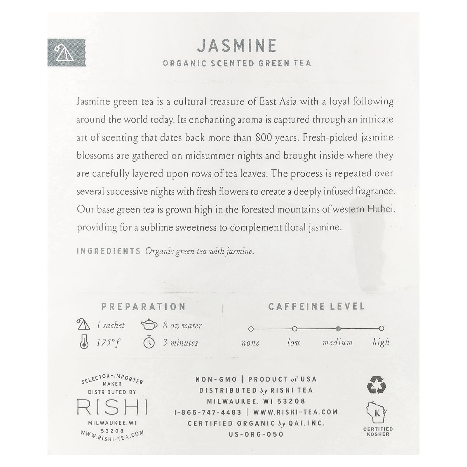 Rishi Tea, Organic Scented Green Tea, Jasmine, 15 Sachets, 1.26 oz (36 g) - Image 2
