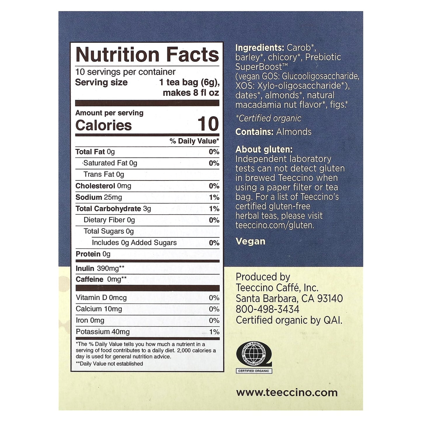 Teeccino, Prebiotic Herbal Tea, Macadamia Nut, Caffeine Free, 10 Tea Bags, 2.12 oz (60 g) - Image 2