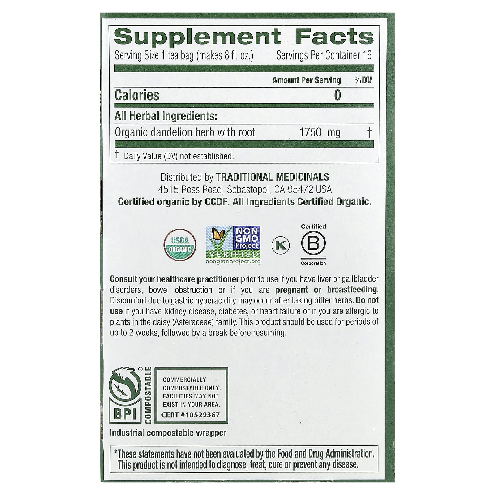 Traditional Medicinals, Organic Dandelion Leaf & Root Tea, Caffeine Free, 16 Wrapped Tea Bags, 0.99 oz (28 g) - Image 2