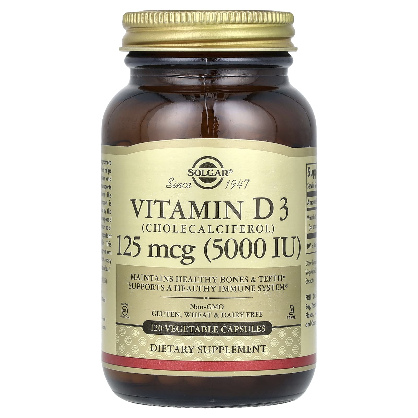 Solgar, Vitamin D3 (Cholecalciferol), 125 mcg (5000 IU), 120 Vegetable Capsules - Image 1