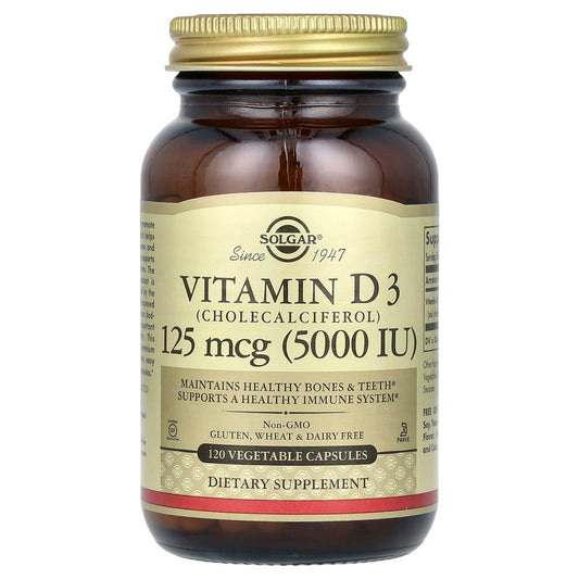 Solgar, Vitamin D3 (Cholecalciferol), 125 mcg (5000 IU), 120 Vegetable Capsules - Image 1
