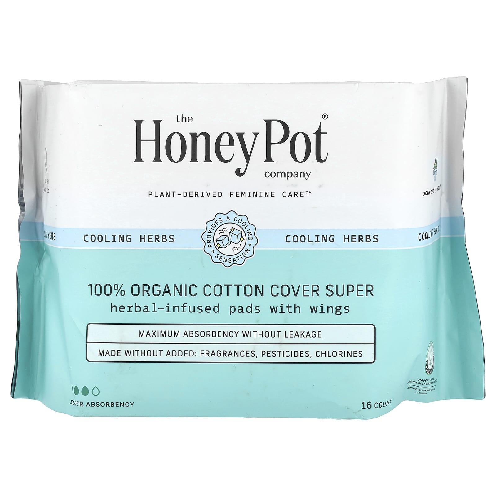 The Honey Pot Company, Organic Herbal-Infused Pads with Wings, Super, 16 Count - Image 1