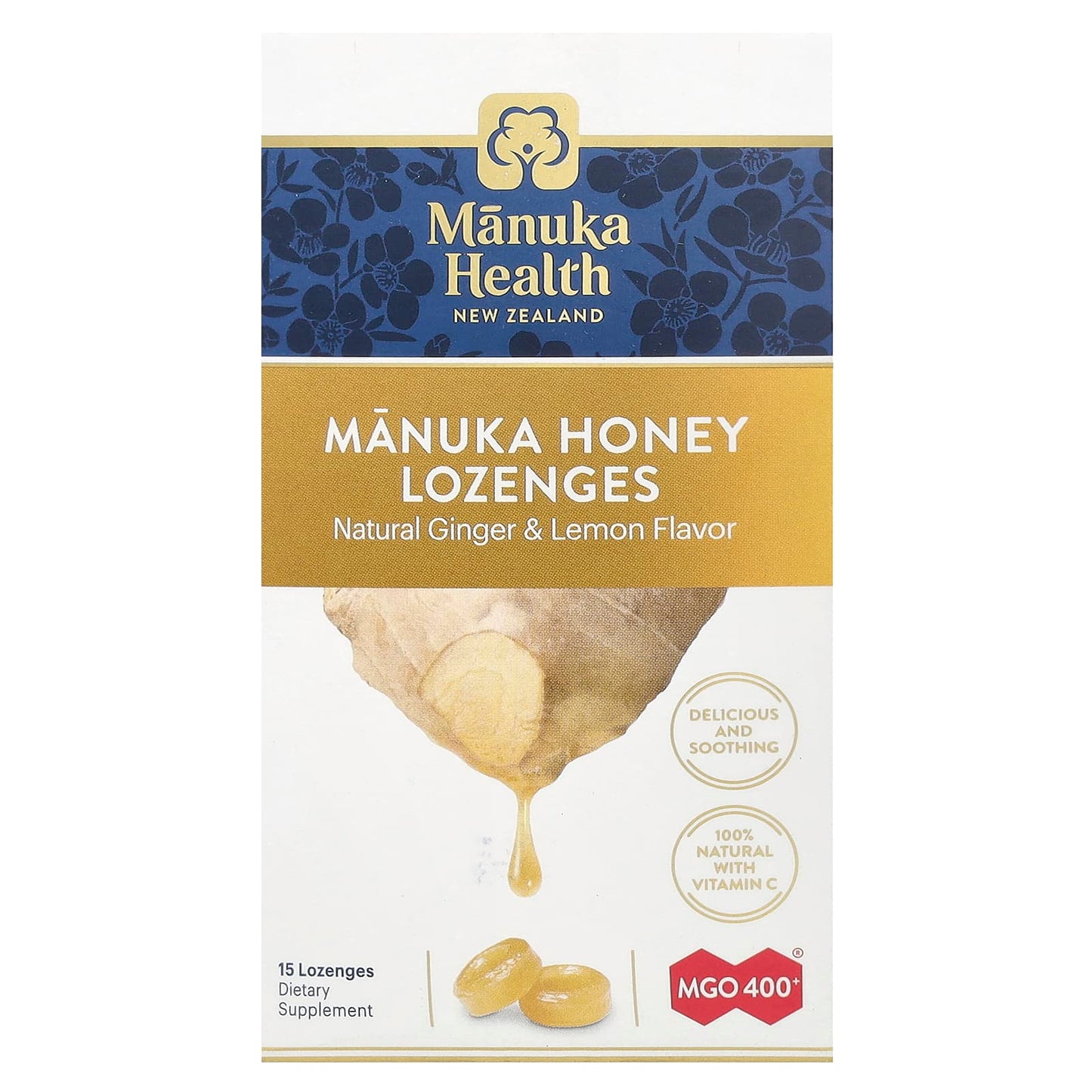 Manuka Health, Manuka Honey Lozenges, Natural Ginger & Lemon, MGO 400+, 15 Lozenges - Image 1
