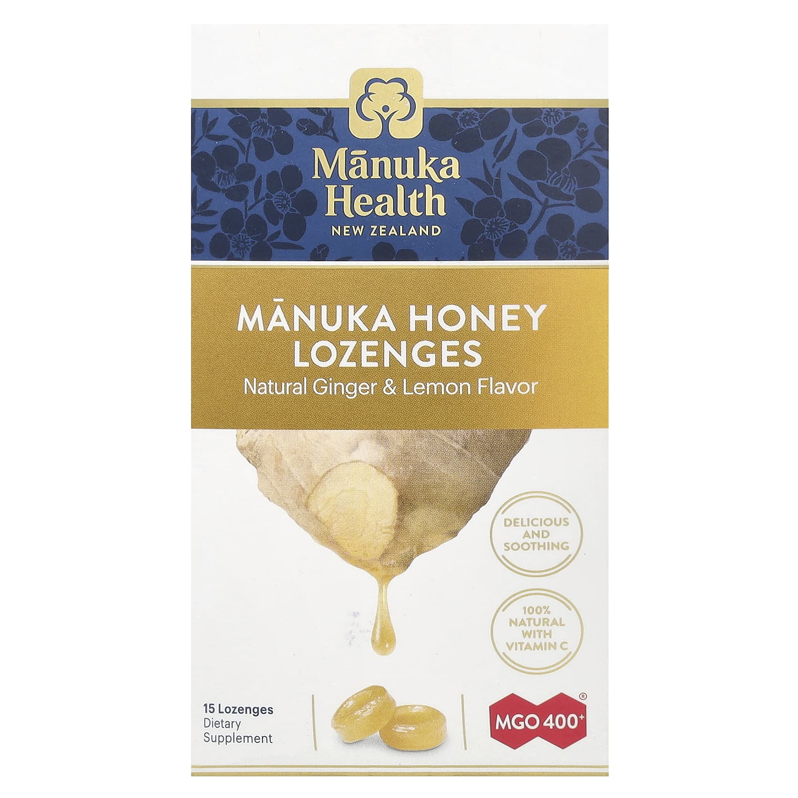 Manuka Health, Manuka Honey Lozenges, Natural Ginger & Lemon, MGO 400+, 15 Lozenges - Image 1
