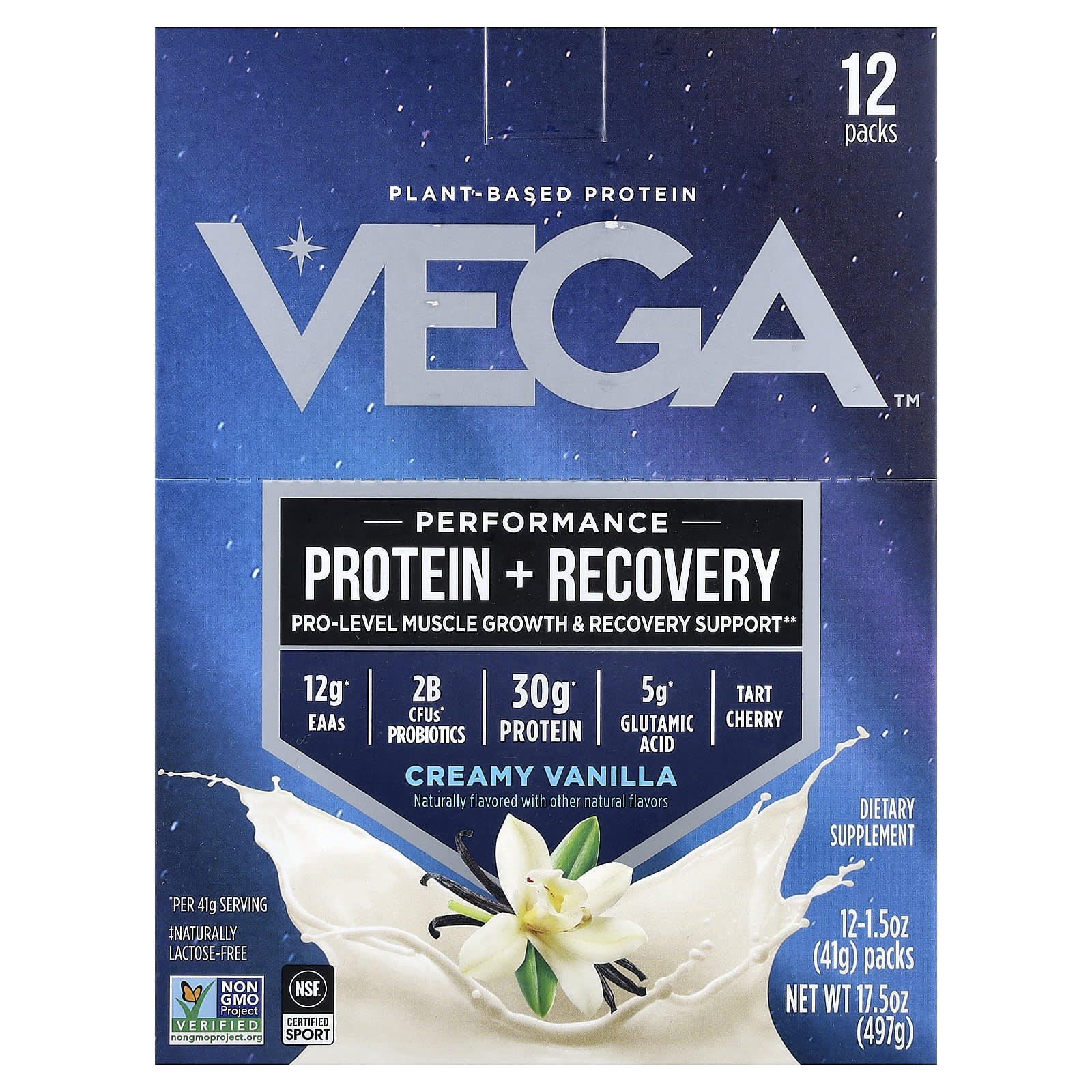 Vega, Plant-Based Protein, Performance Protein + Recovery, Creamy Vanilla, 12 Packs, 1.5 oz (41 g) Each - Image 1