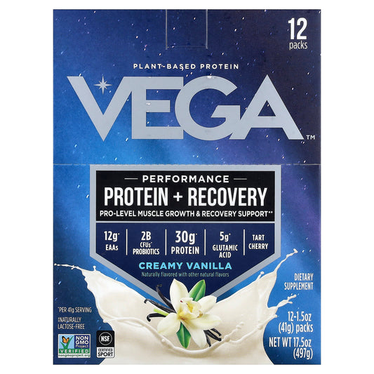 Vega, Plant-Based Protein, Performance Protein + Recovery, Creamy Vanilla, 12 Packs, 1.5 oz (41 g) Each - Image 1