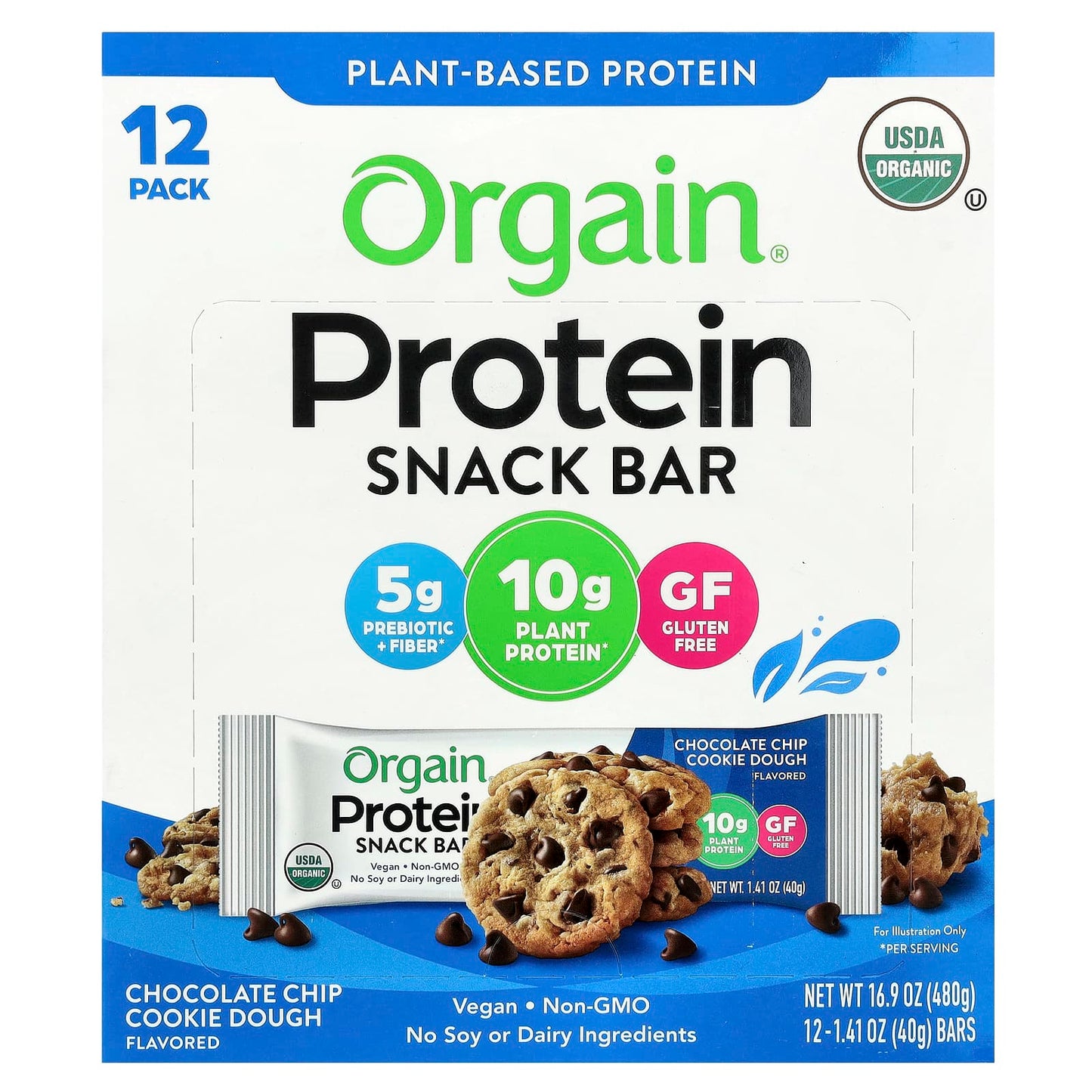 Orgain, Plant-Based Protein Snack Bar, Chocolate Chip Cookie Dough, 12 Bars, 1.41 oz (40 g) Each - Image 1