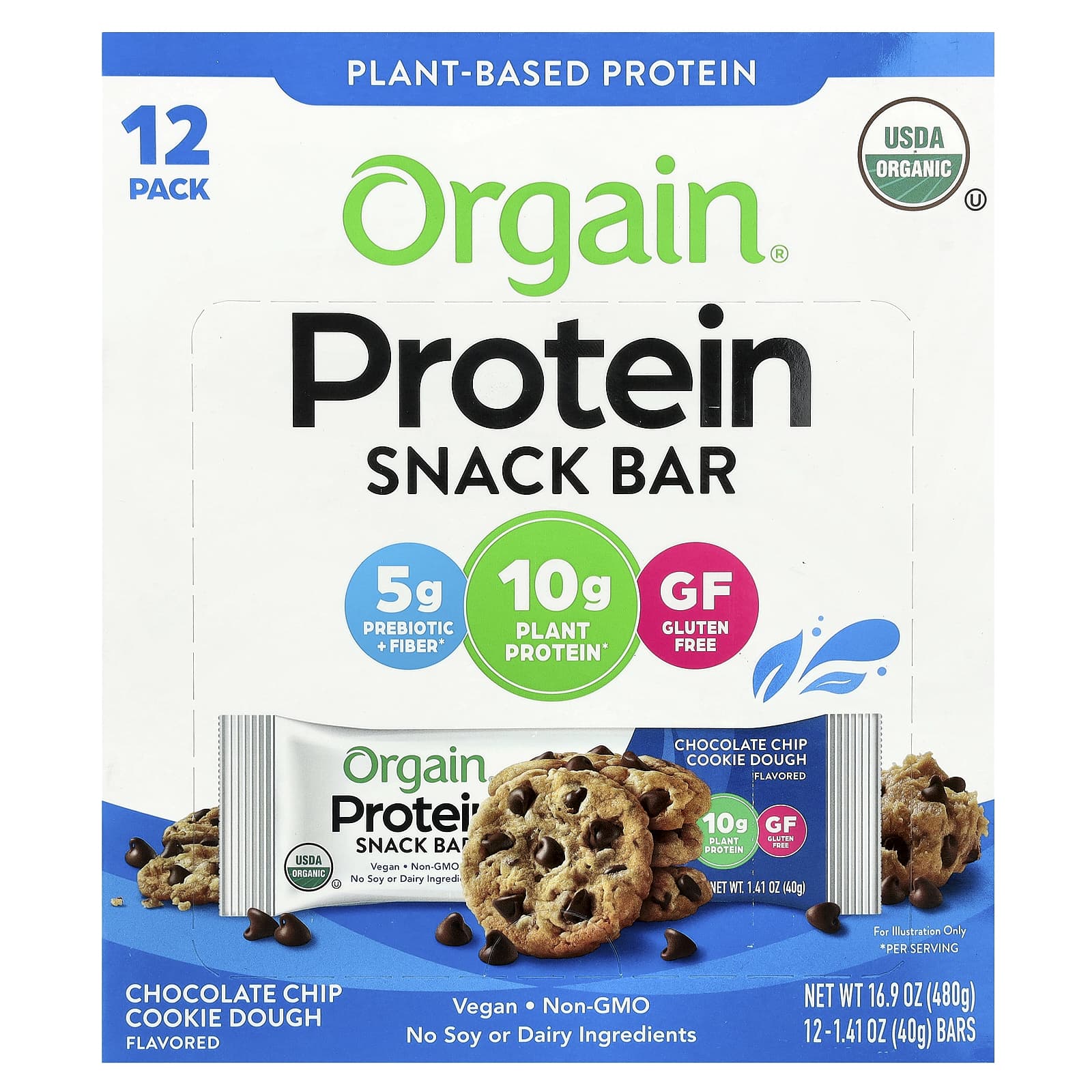 Orgain, Plant-Based Protein Snack Bar, Chocolate Chip Cookie Dough, 12 Bars, 1.41 oz (40 g) Each - Image 1
