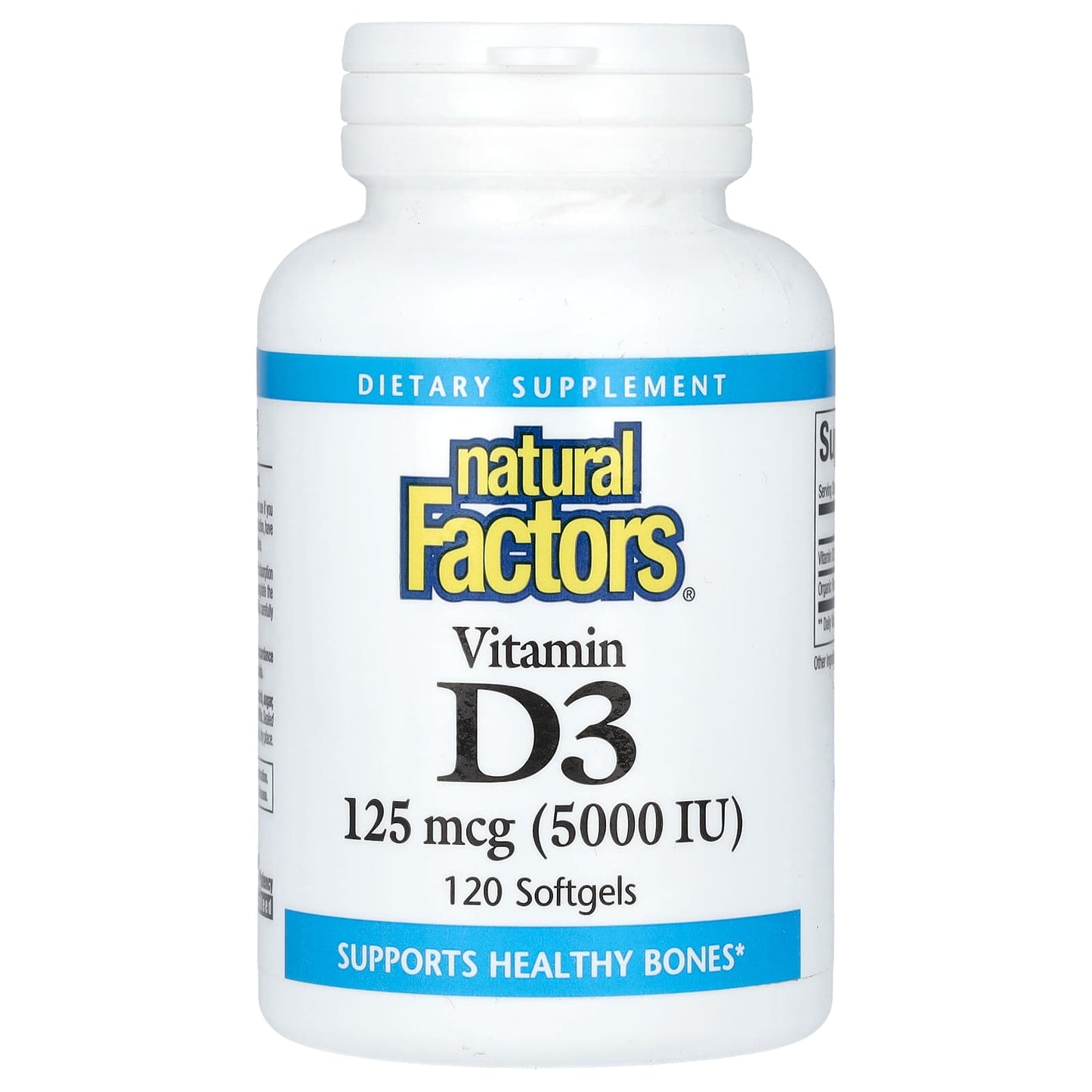 Natural Factors, Vitamin D3, 125 mcg (5,000 IU), 120 Softgels - Image 1