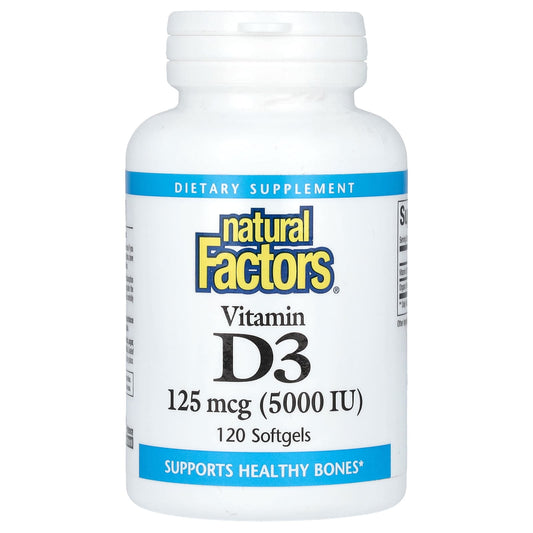 Natural Factors, Vitamin D3, 125 mcg (5,000 IU), 120 Softgels - Image 1