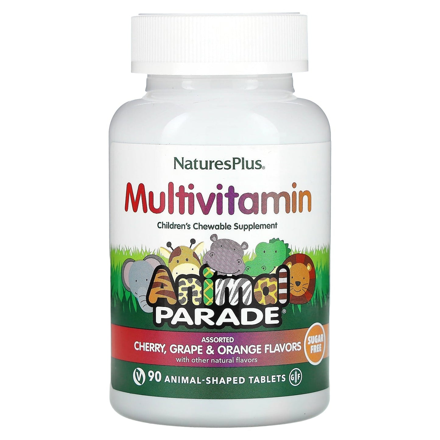 NaturesPlus, Animal Parade, Multivitamin, Children's Chewable Supplement, Cherry, Grape & Orange, 90 Animal-Shaped Tablets - Image 1