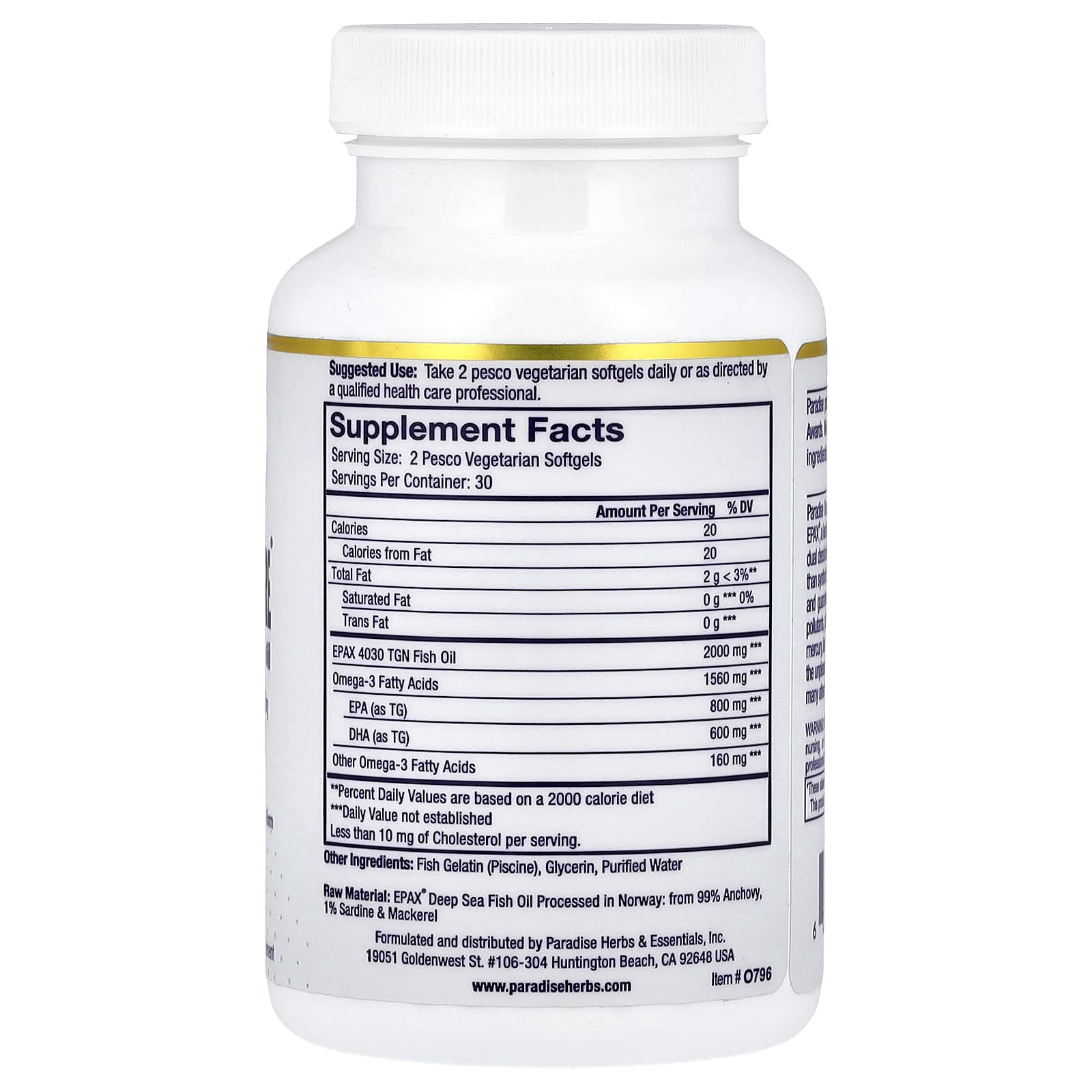 Paradise Herbs, Omega-Sure®, Premium Omega-3 Fish Oil, 60 Pesco Vegetarian Softgels - Image 2