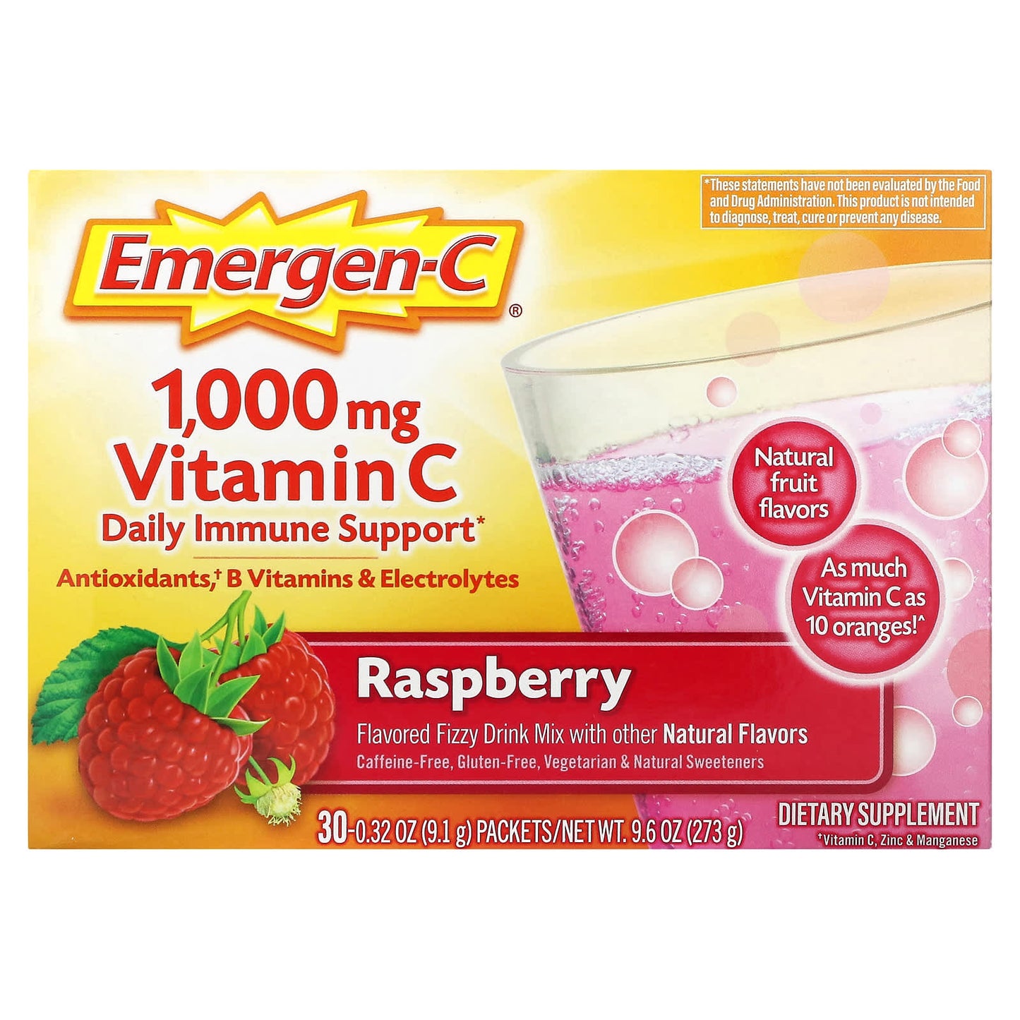 Emergen-C Vitamin C Supplement, 1,000mg, 30 Packets, Raspberry - Image 1