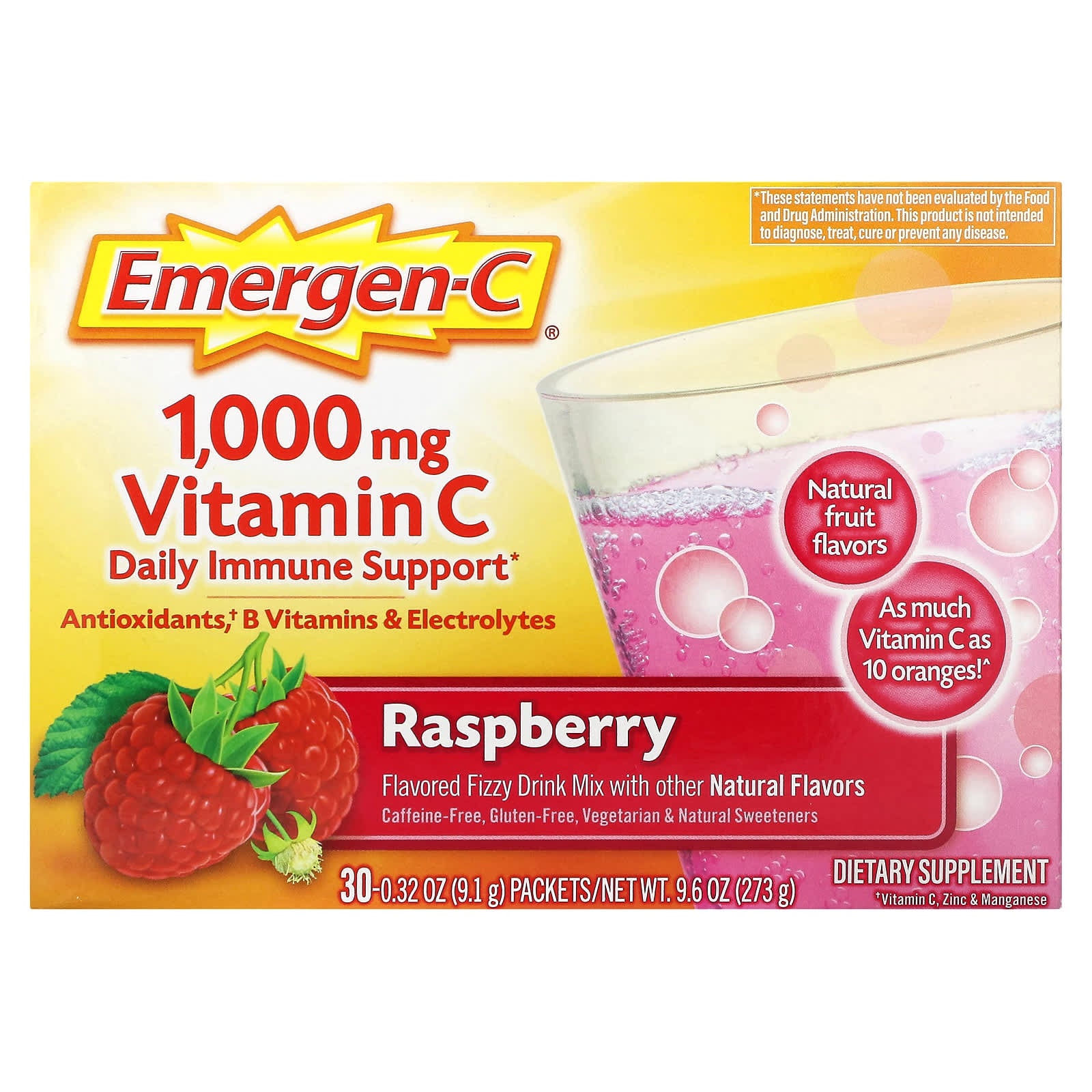 Emergen-C Vitamin C Supplement, 1,000mg, 30 Packets, Raspberry - Image 1